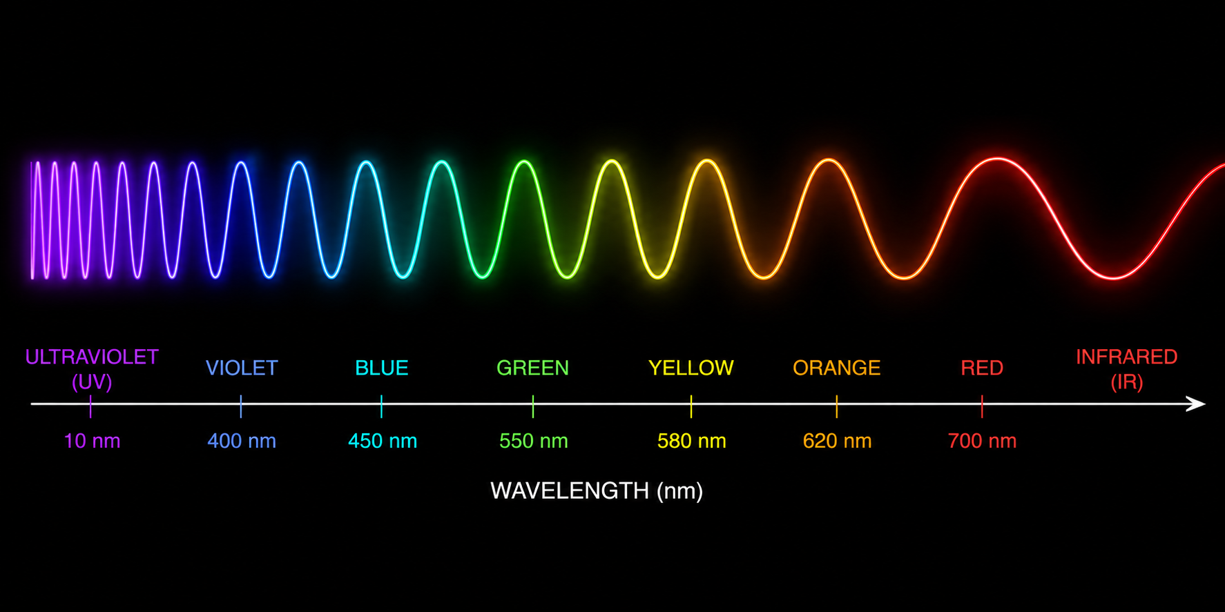Diagram showing electromagnetic spectrum with colorful wave pattern from ultraviolet to infrared, labeled with corresponding wavelengths in nanometers and color names.