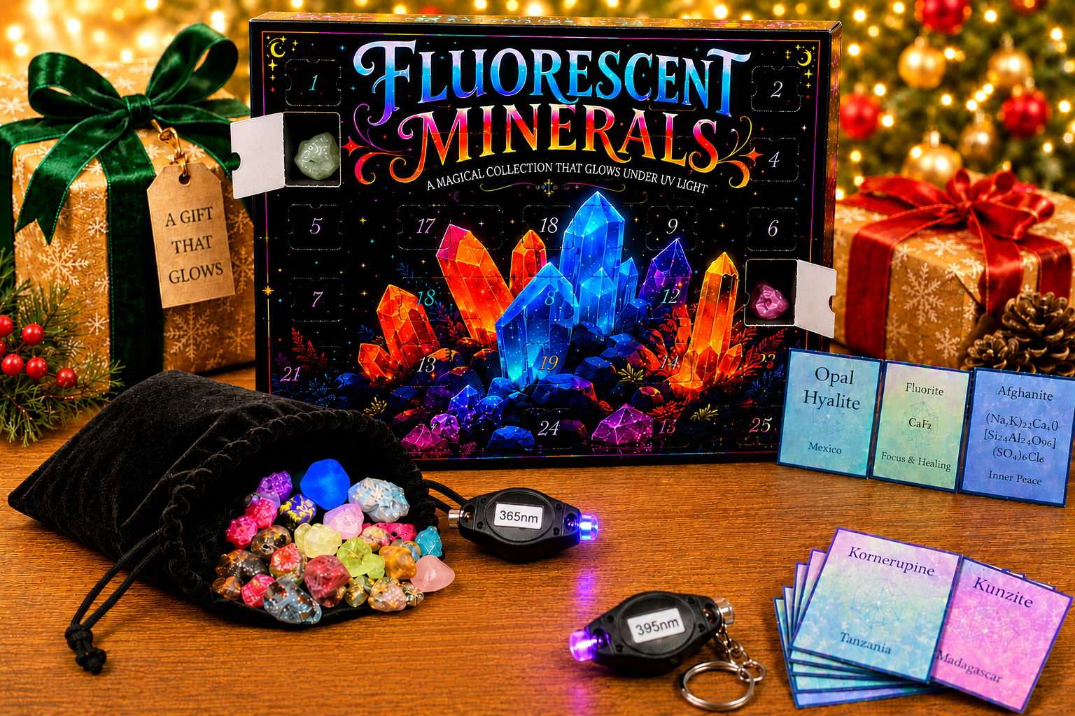 25 day Advent Calendar - includes 25 unique fluorescent gems, shells, and glass beads.