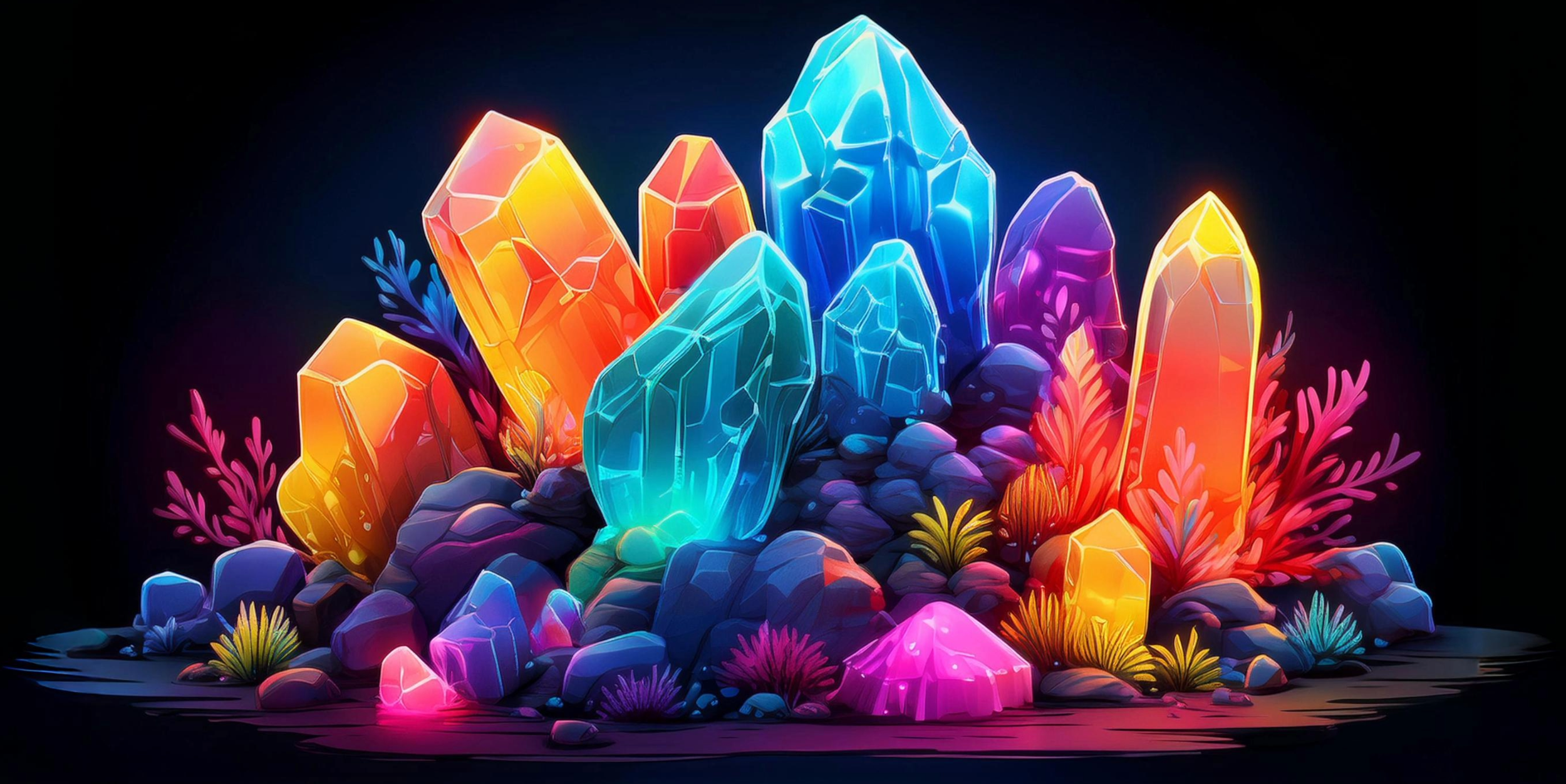 A colorful cartoon-style image of fluorescent crystals