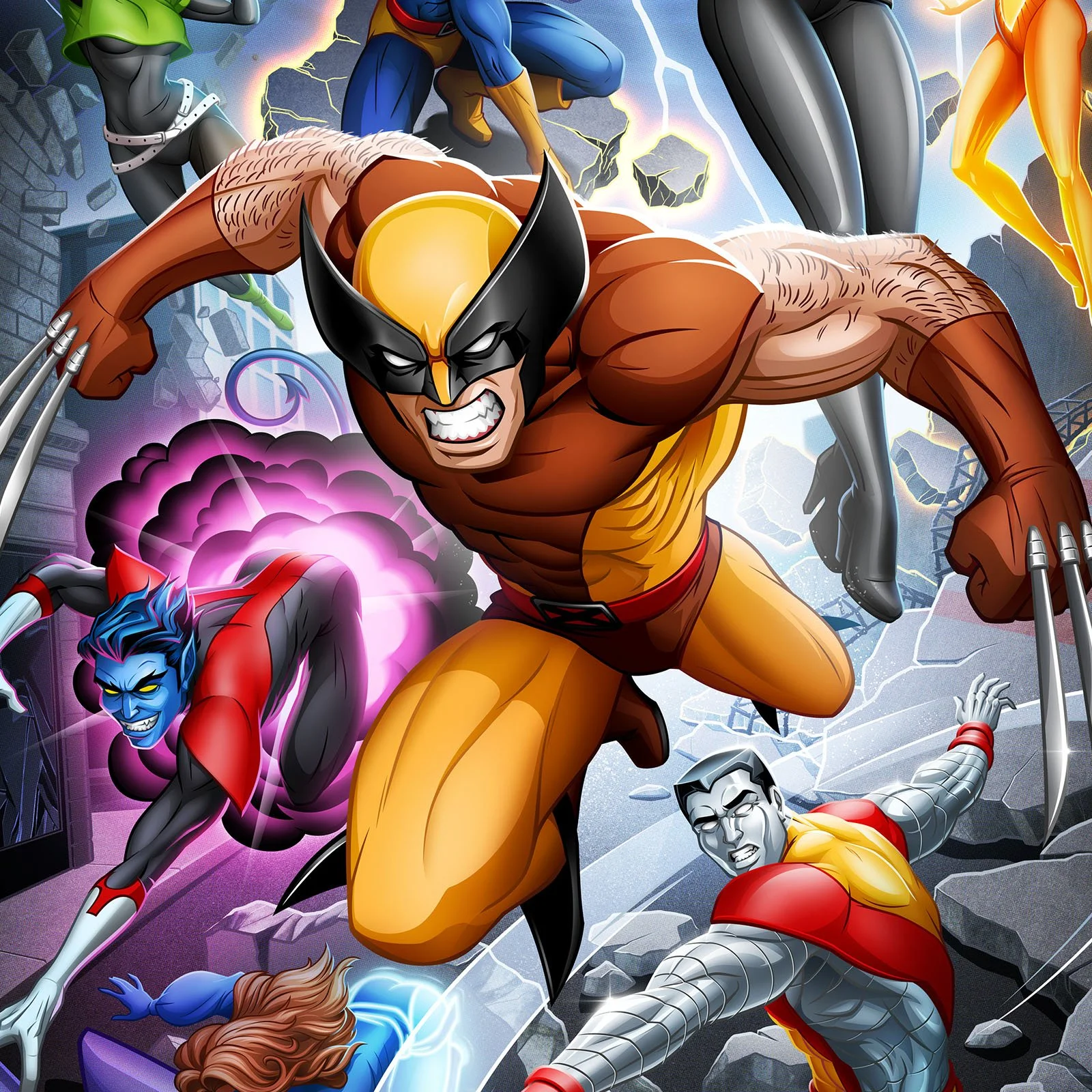 Comic book style illustration of superheroes in action, featuring a muscular man with claws and a black mask, a blue-skinned villain with glowing eyes, and a hero in silver armor with red accents, set in a cityscape with lightning and ruins.