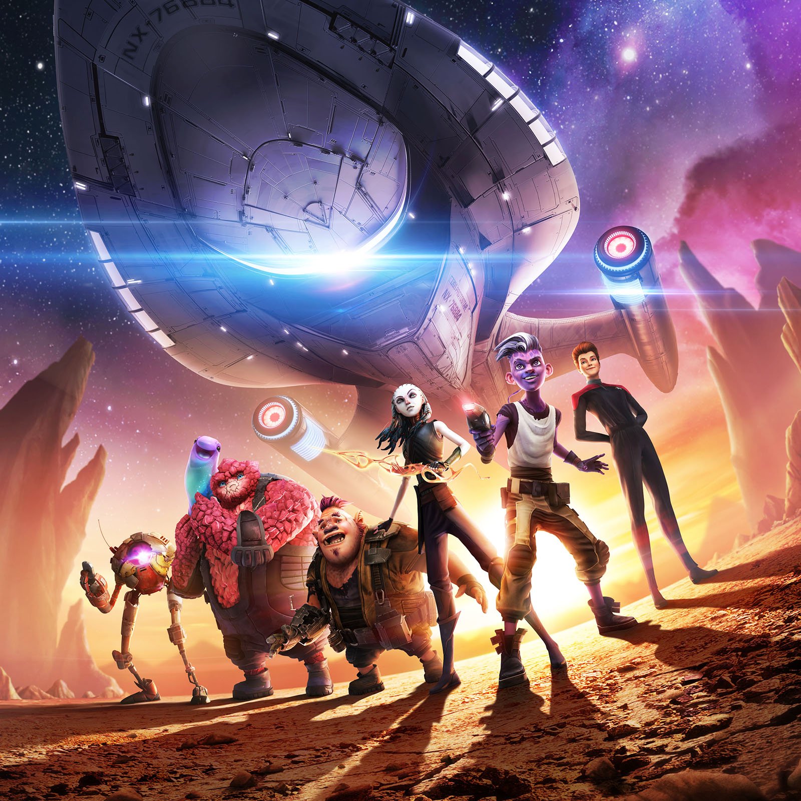 A group of animated characters in a sci-fi setting on an alien planet with a spaceship in the background and a colorful sky filled with stars and nebulae.