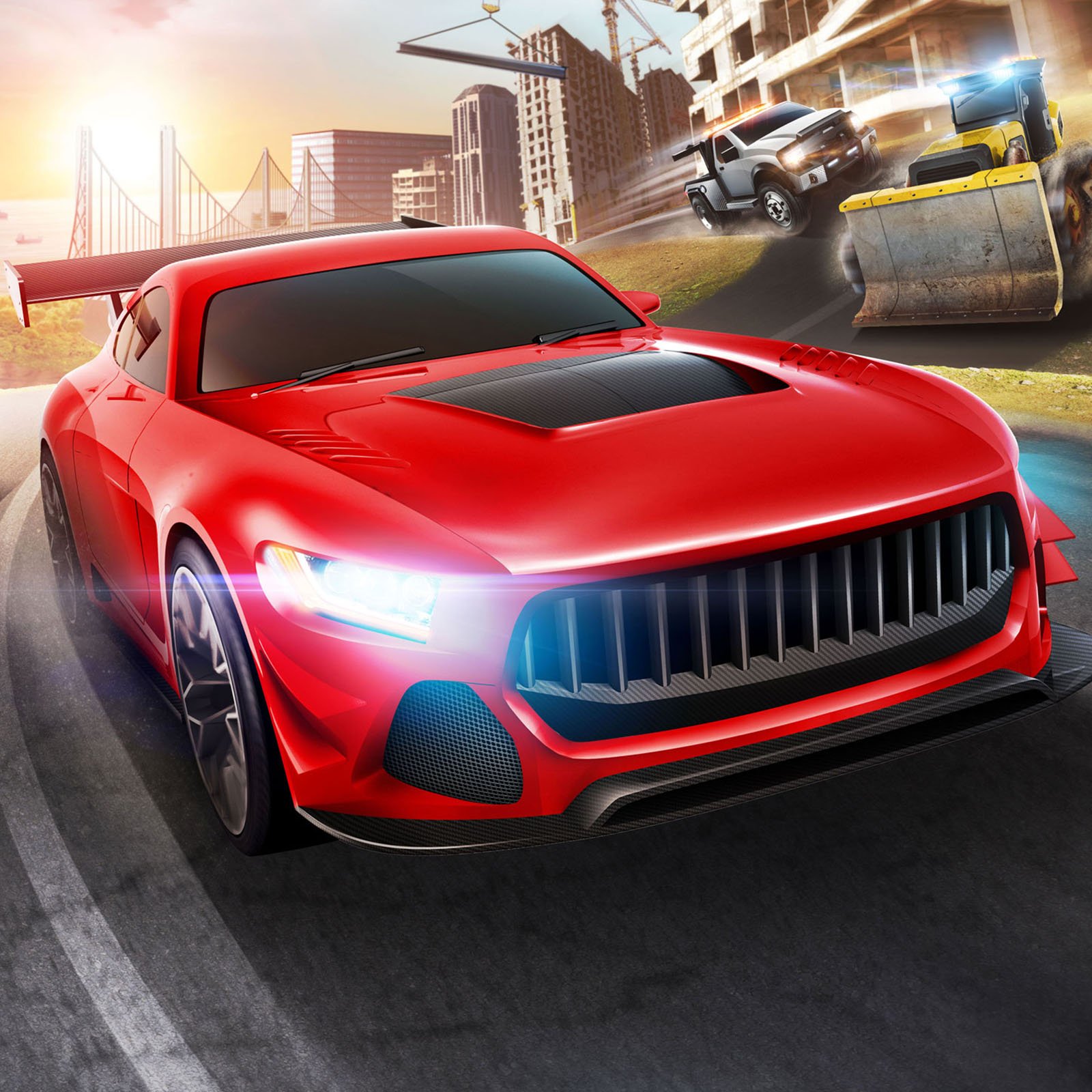 Red sports car driving on a road in a city with construction and other cars in the background.