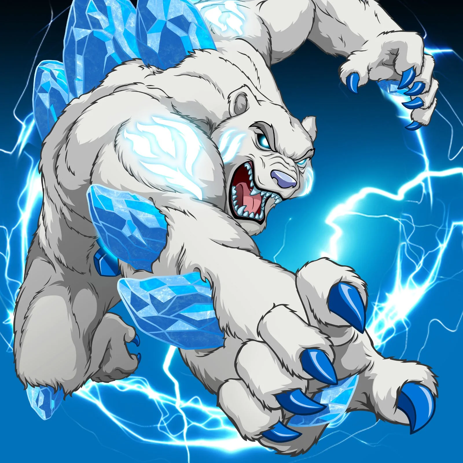 A fierce white lion with glowing blue eyes, sharp blue claws, and icy blue markings on its fur, surrounded by shards of ice and crackling blue lightning, depicted in a comic or fantasy art style.