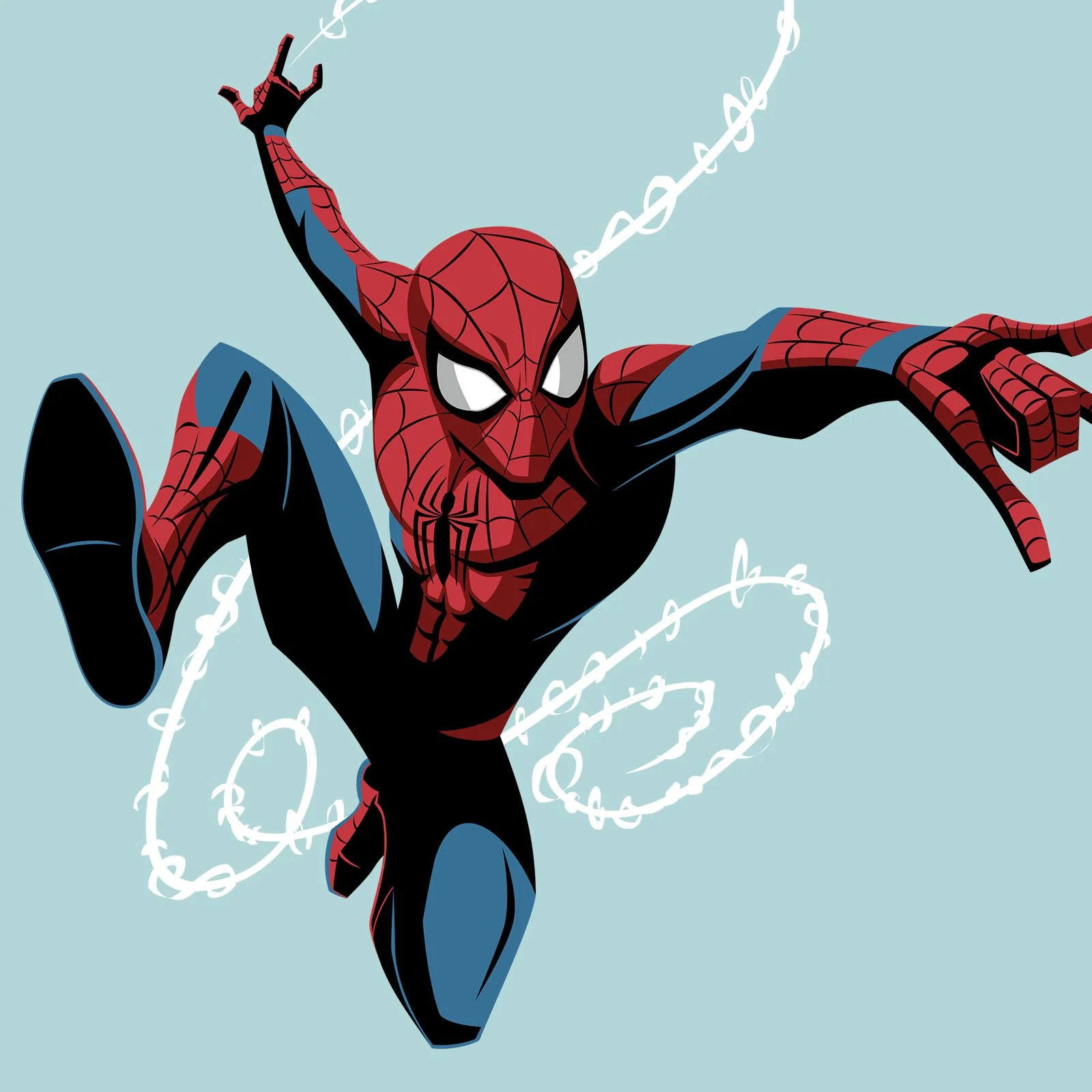 Illustration of Spider-Man swinging through the air, with white web lines swirling around against a light blue background.