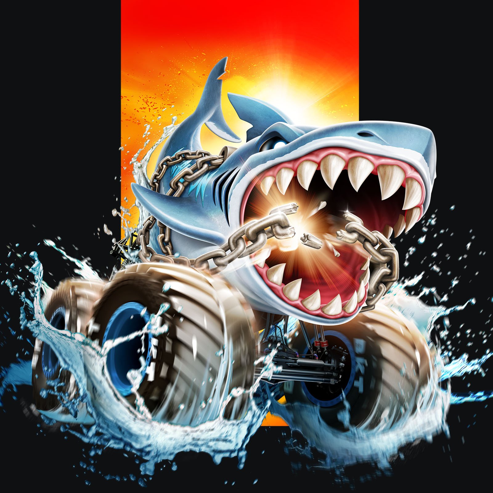 A cartoon illustration of a shark mounted on a vehicle with chains around its body, racing through water at high speed with water splashing around, against a red and yellow background, creating a sense of intense motion and action.