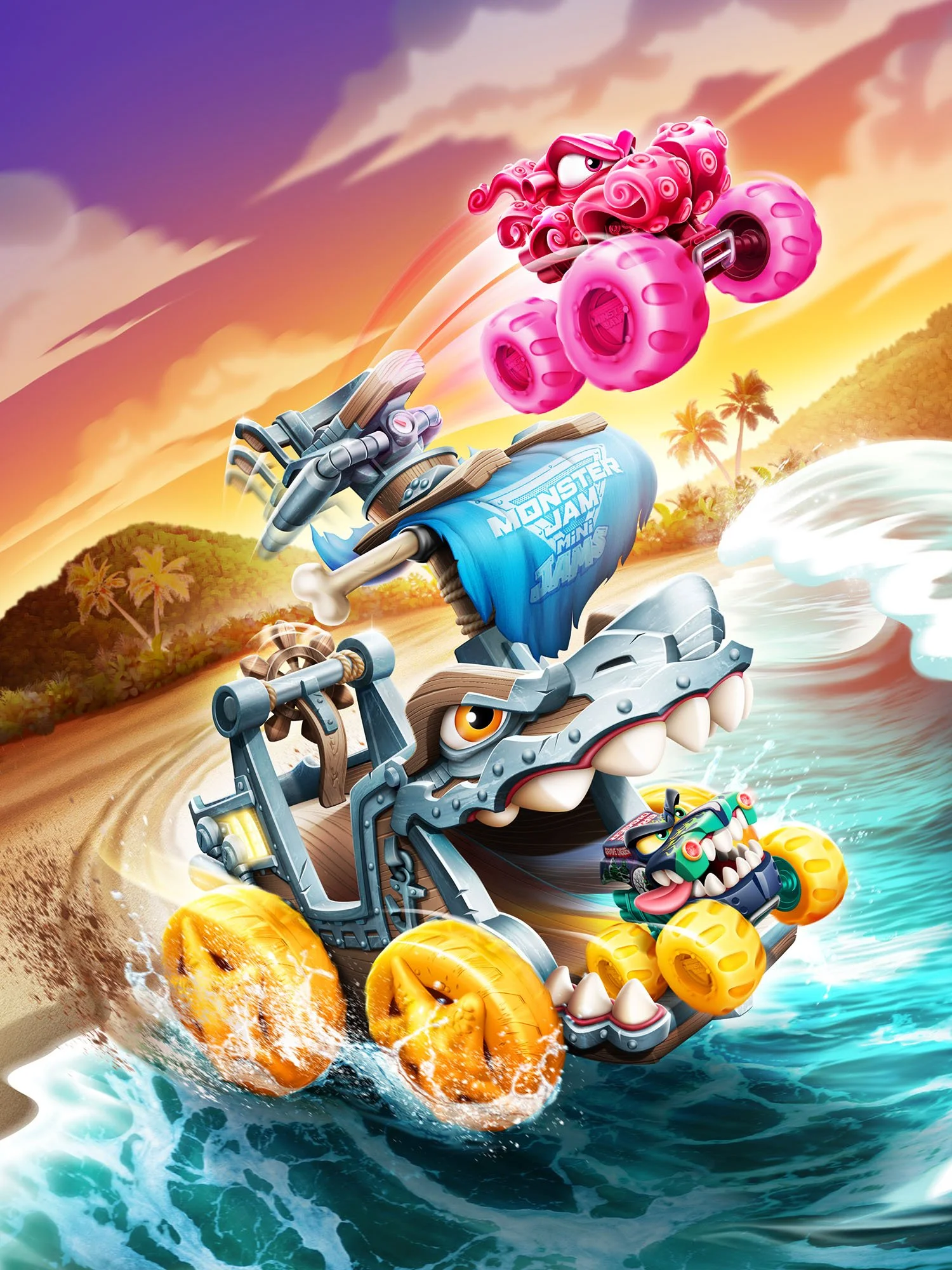 Animated cartoon of a racing car shaped like a crocodile with sharp teeth, racing on water with orange slices and other tires around, against a tropical beach landscape with palm trees and sunset sky.
