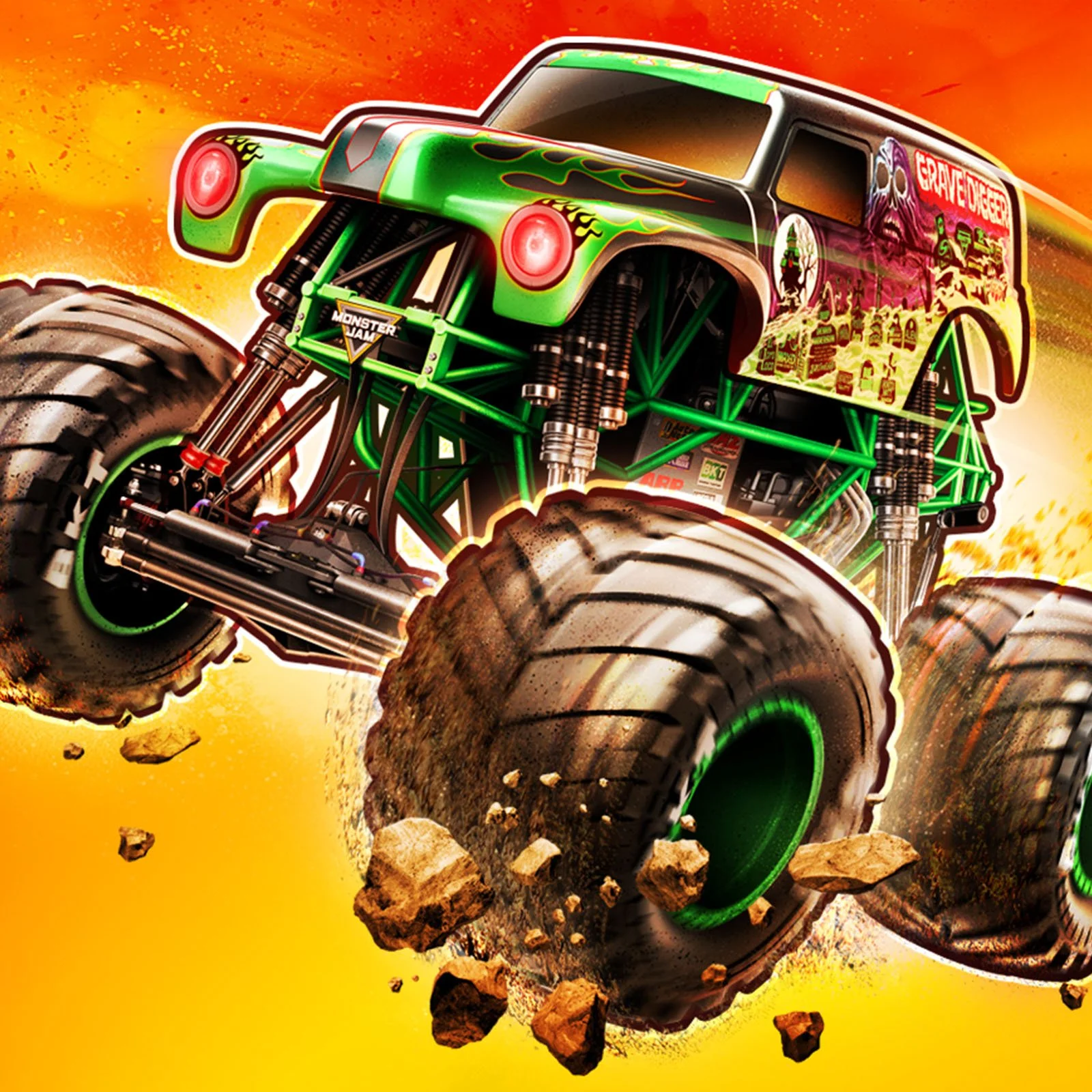 A monster truck with bright green, black, and pink colors, large wheels, and flames on the hood, kicking up dirt and rocks on an orange background.