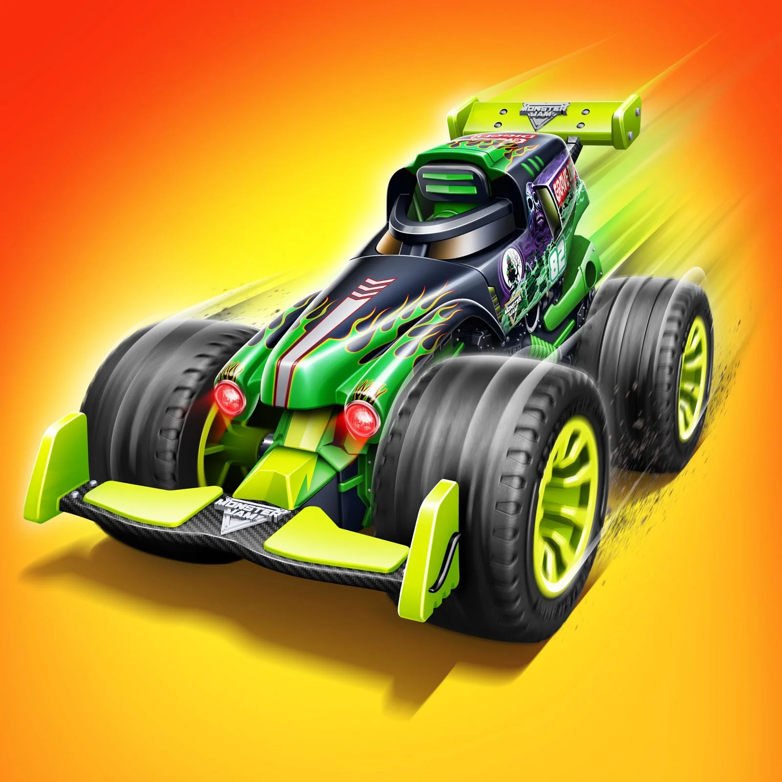 Green and black toy race car with flames, racing decals, and large tires on a yellow and orange background.
