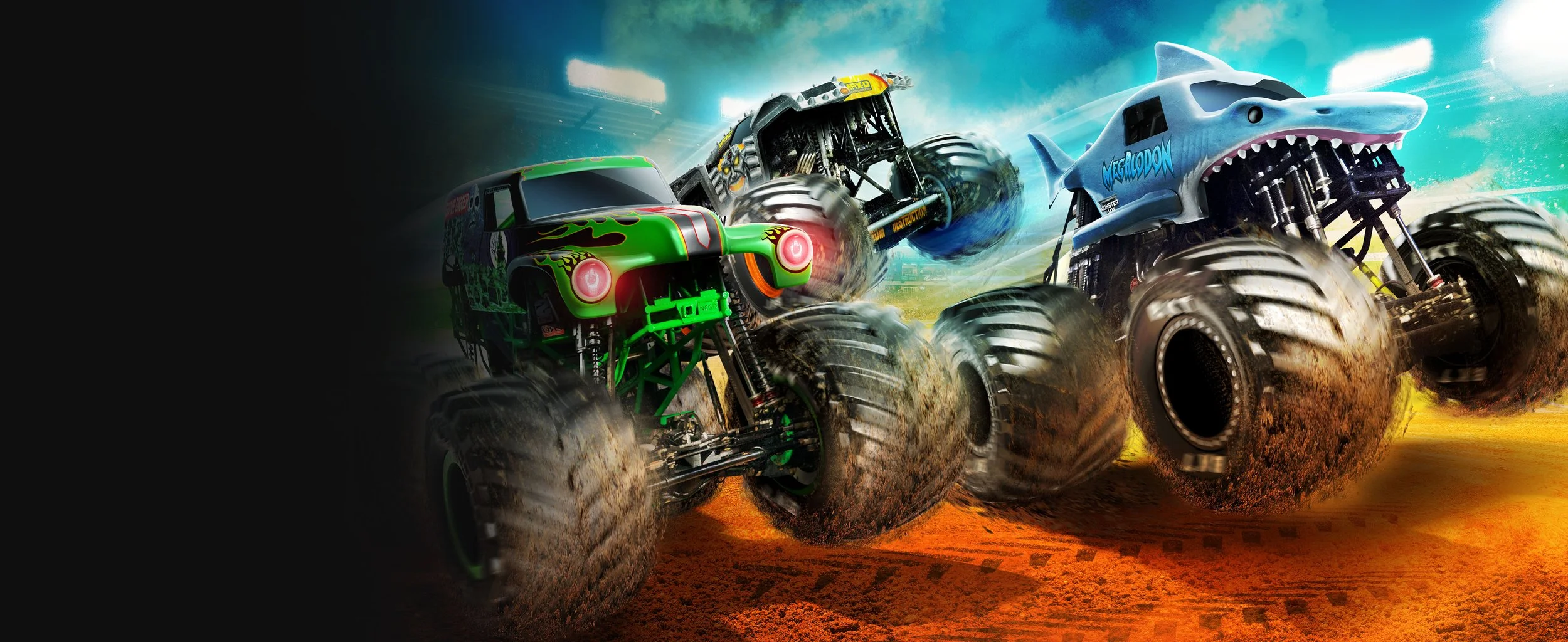 Two monster trucks racing on dirt track, kicking up dust, with a stadium and blue sky in background.