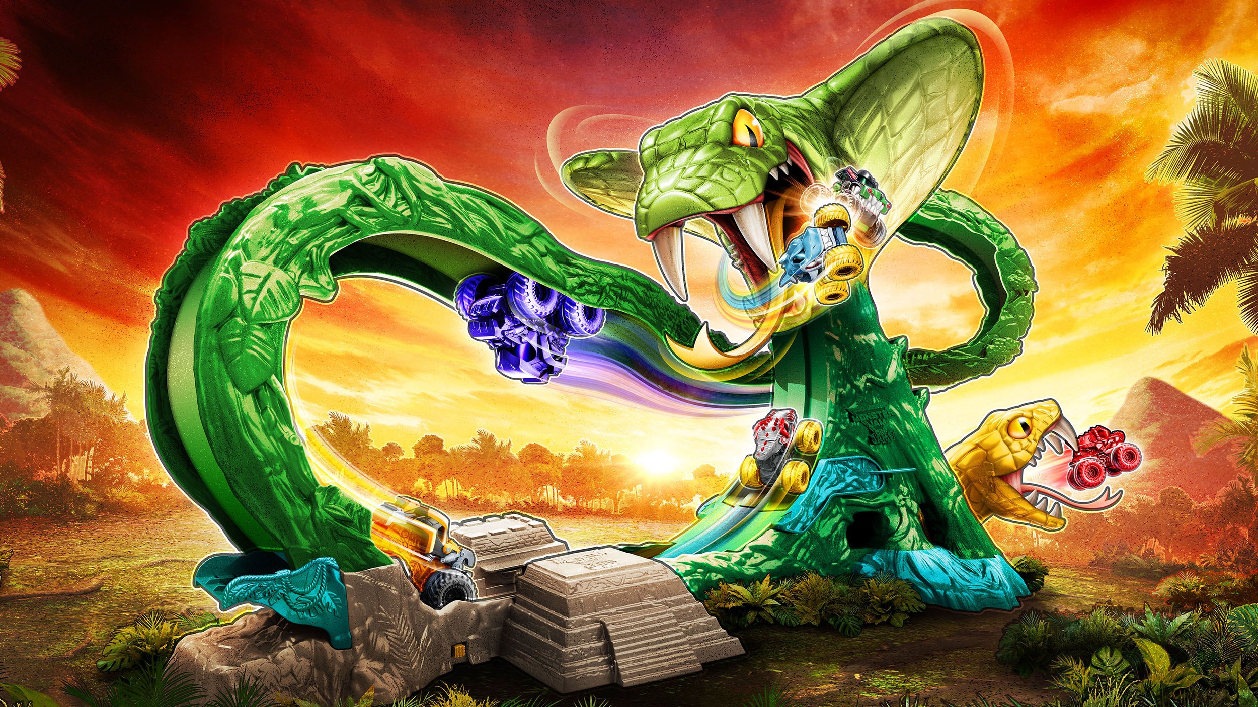A large inflatable toy of a green dragon with open mouth, flying in a jungle scene at sunset. The dragon has small toy cars in its mouth and on its body, and the scene includes palm trees, rocks, and a river.