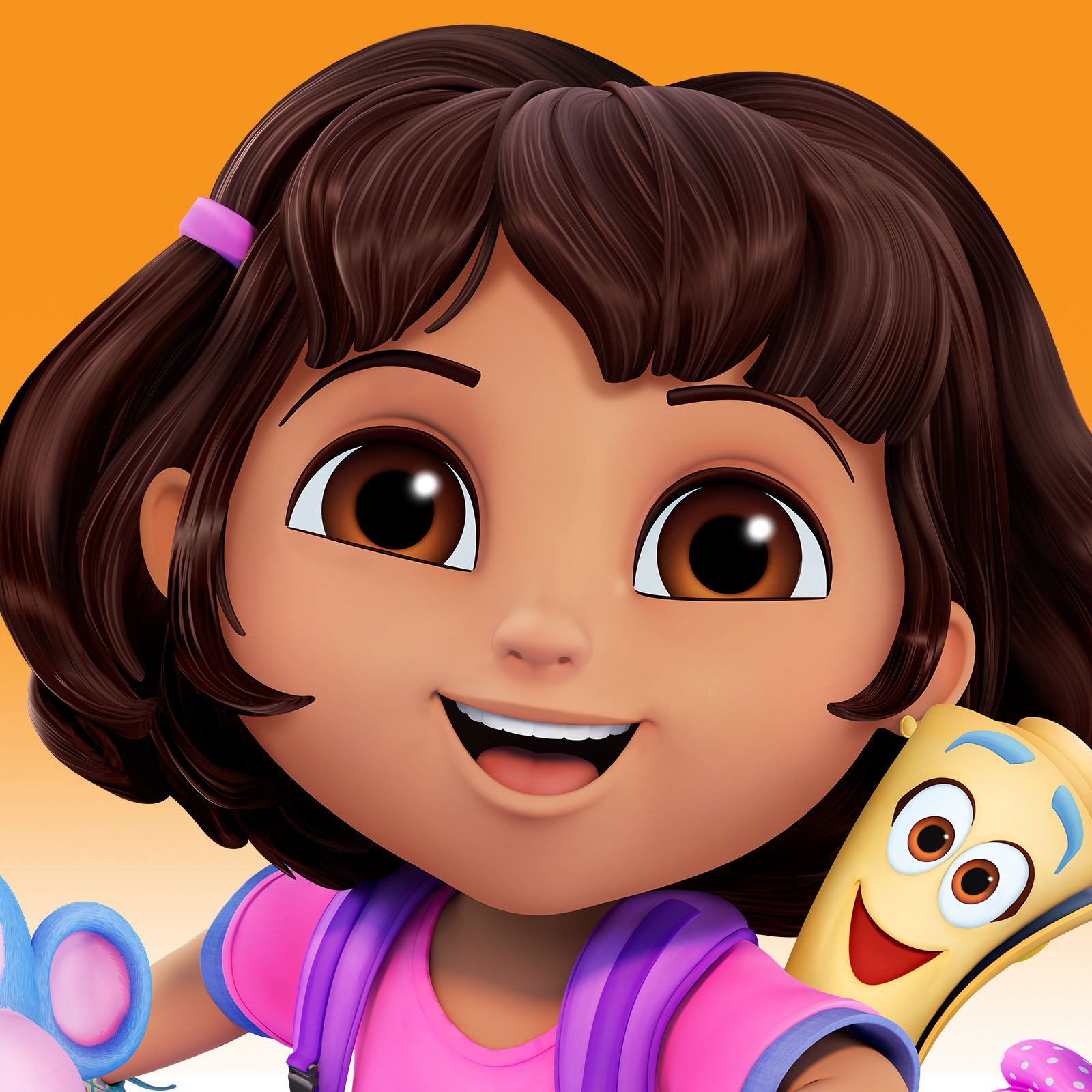 A cartoon girl with brown hair tied in pigtails with purple hair ties, big brown eyes, smiling, holding a yellow banana with a face, a purple backpack, and surrounded by colorful objects against an orange background.