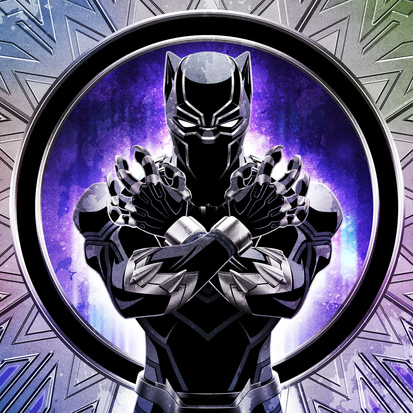 Black panther superhero in a black suit with silver accents, holding hands in a cross position, in front of a cosmic purple and blue background surrounded by a circular pattern.