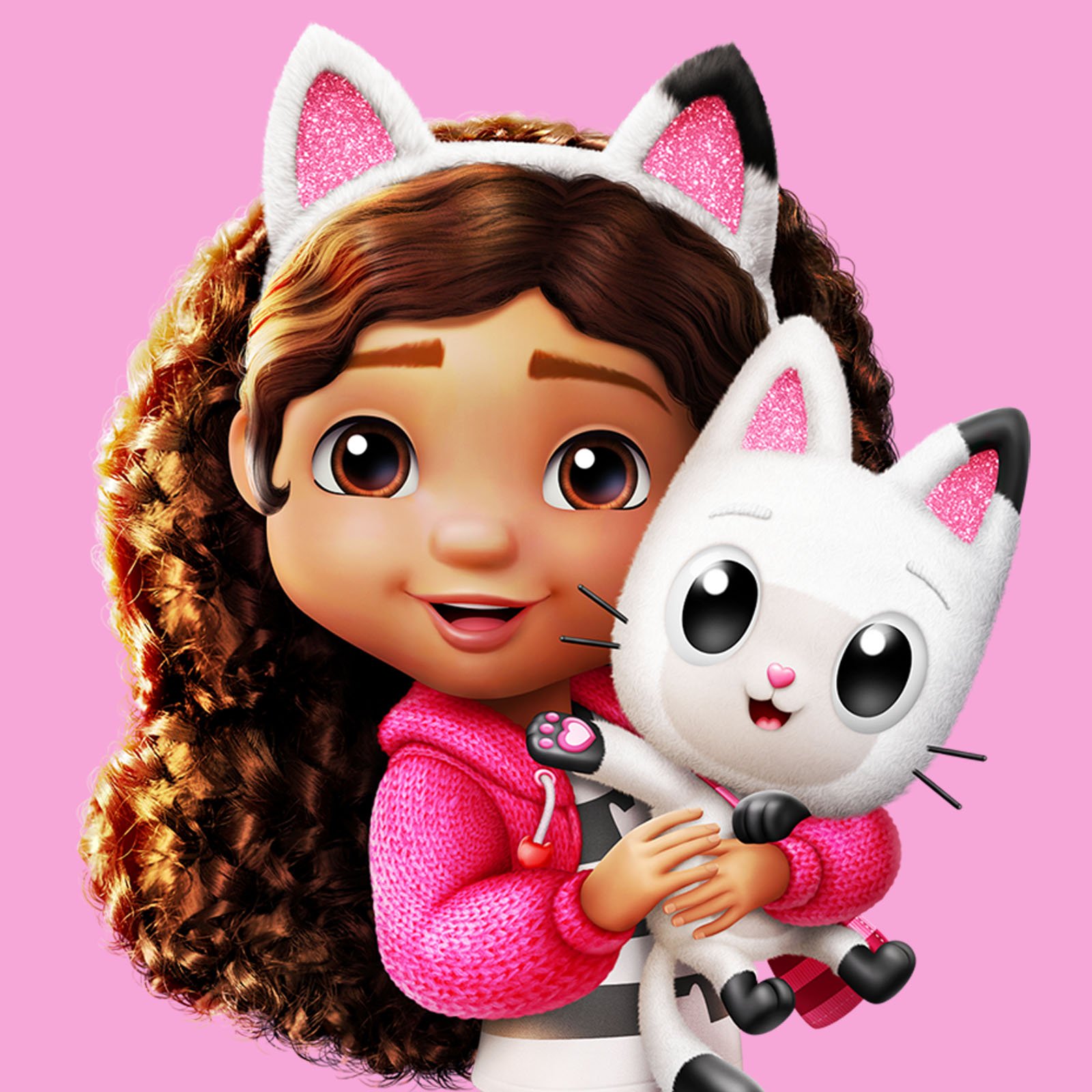A cartoon girl with large brown eyes and long, curly brown hair, wearing a pink hoodie, is hugging a white cartoon cat with black ears, big round eyes, pink heart-shaped nose, and pink inside ears, against a pink background.