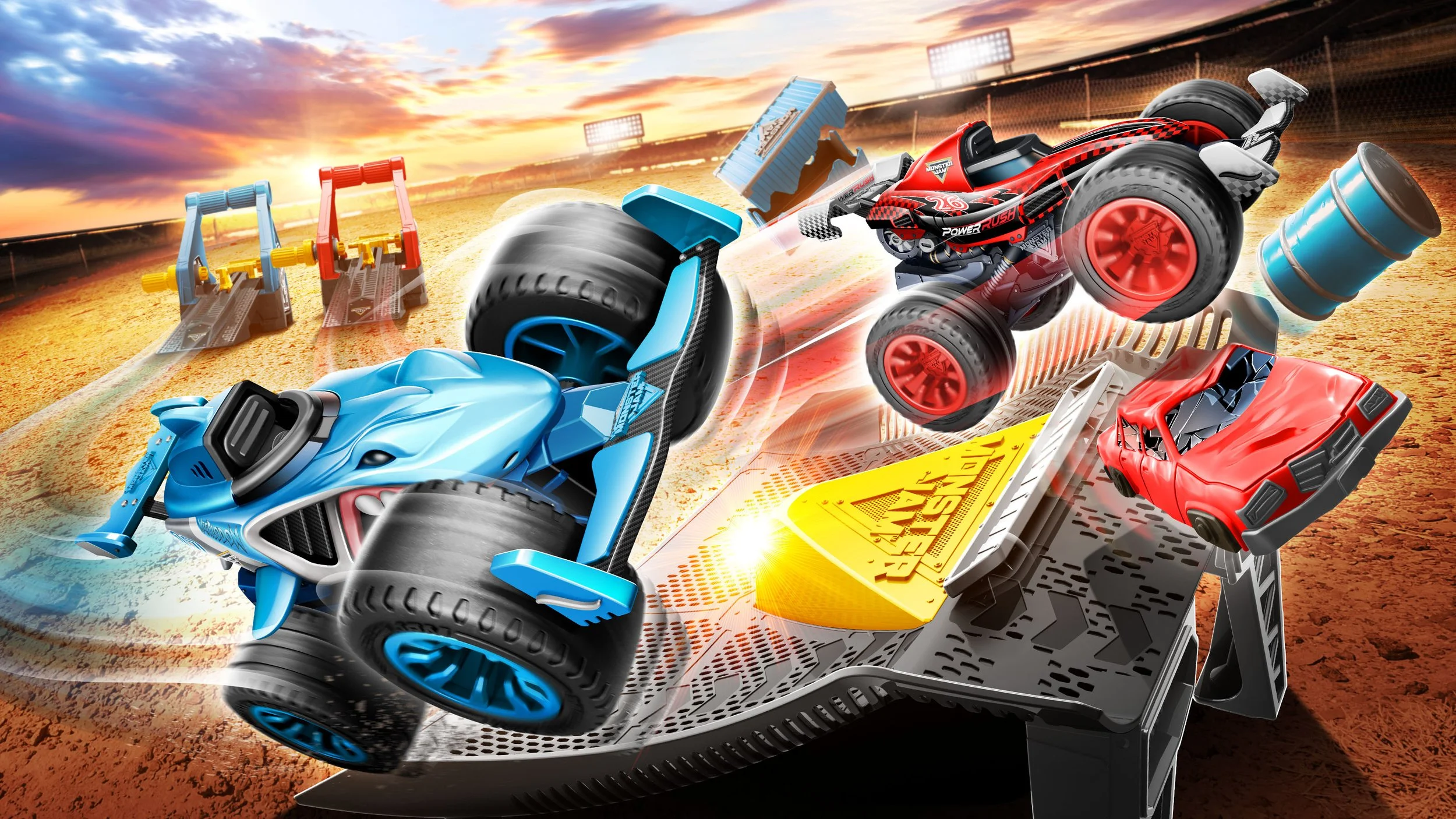 Animation of two toy racing cars on a miniature race track, with one blue and one red, with a sunset and a stadium in the background.