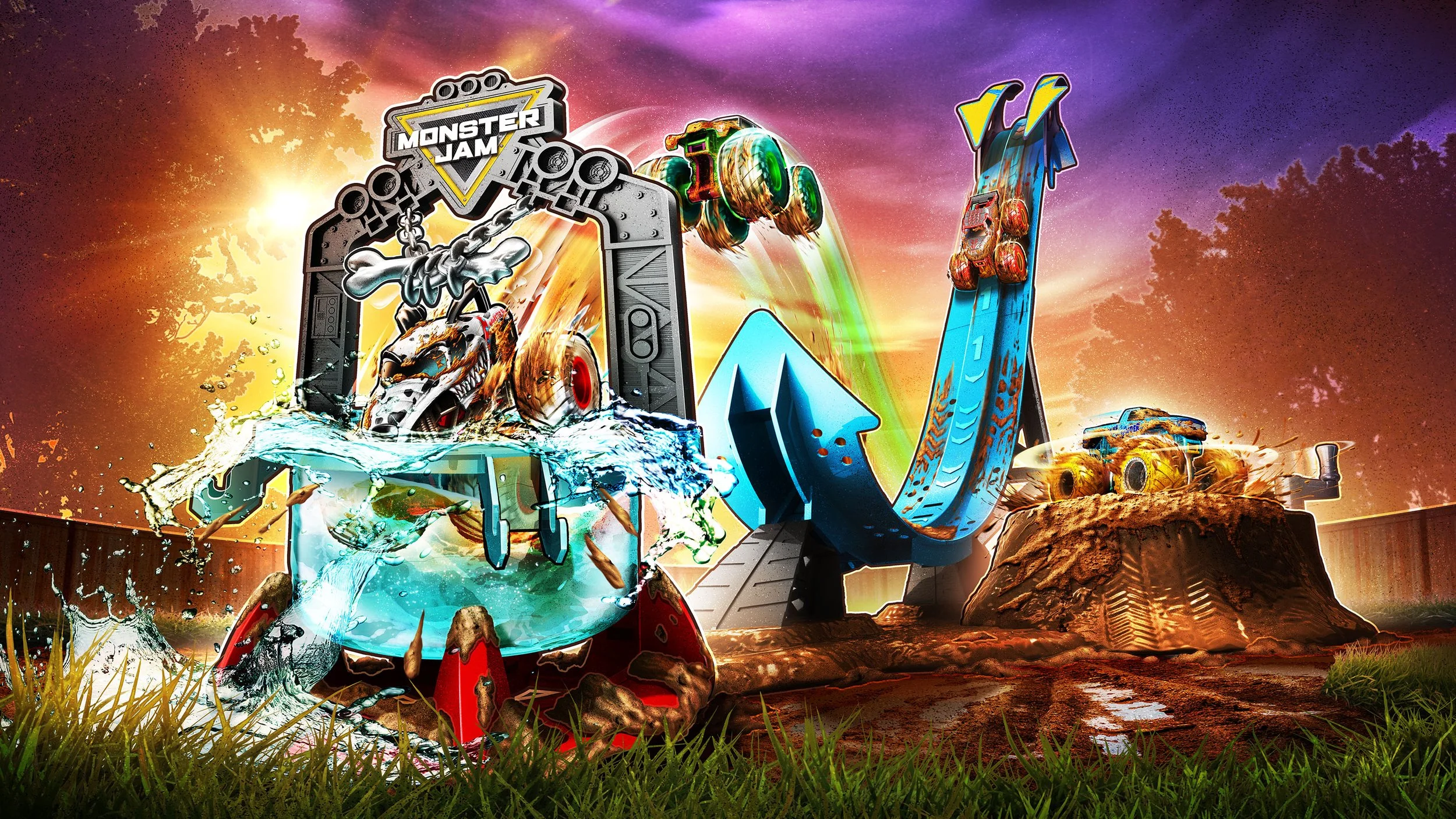 Colorful digital illustration of a roller coaster with a monster theme, labeled 'Monster Jam,' featuring a metallic monster truck emerging from water and large rolling tires on dirt, set against a vibrant sunset sky with trees and grass in the foreground.
