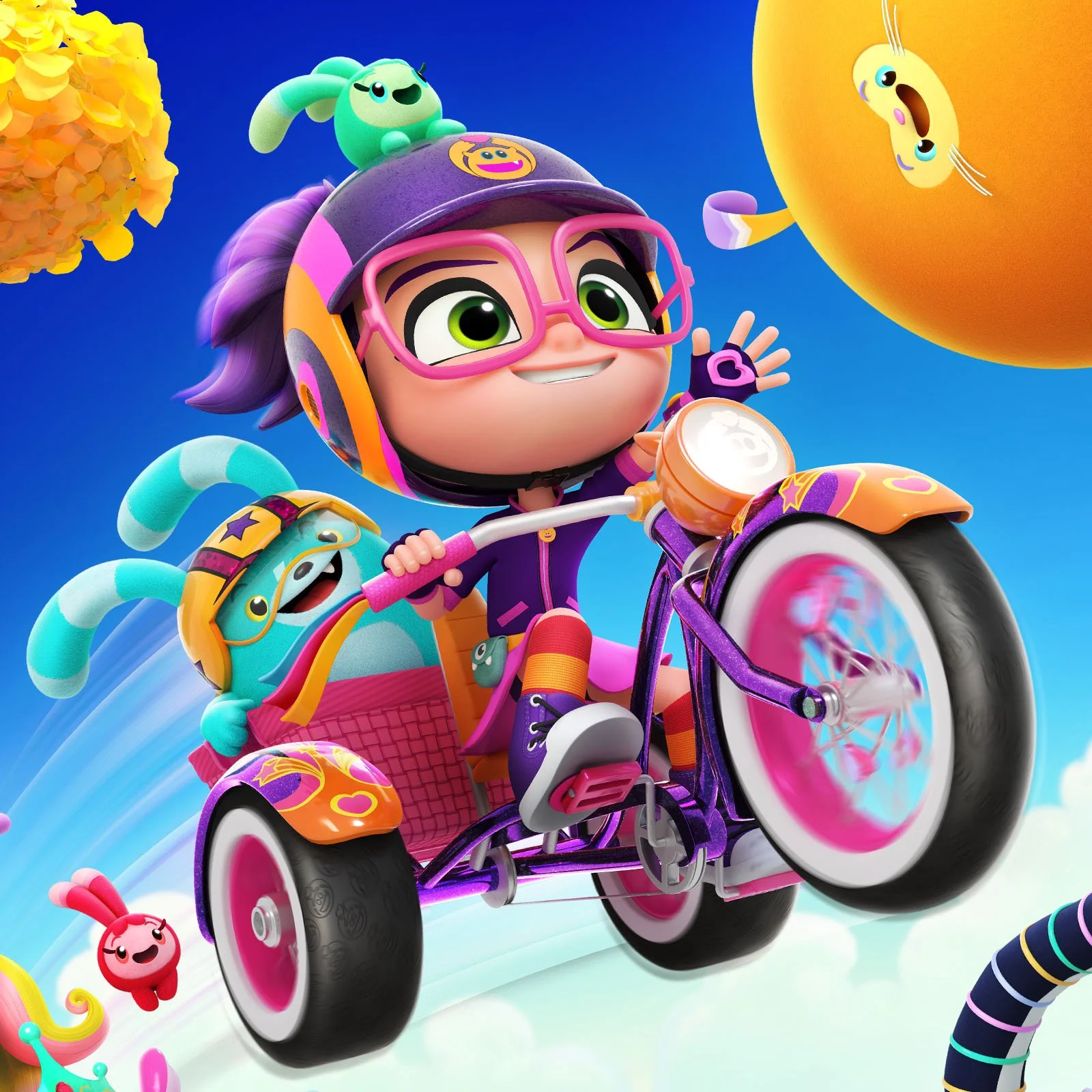 Animated girl with glasses riding a purple pink decorated bicycle with a cloud and small creatures around, in a colorful, cartoonish style.