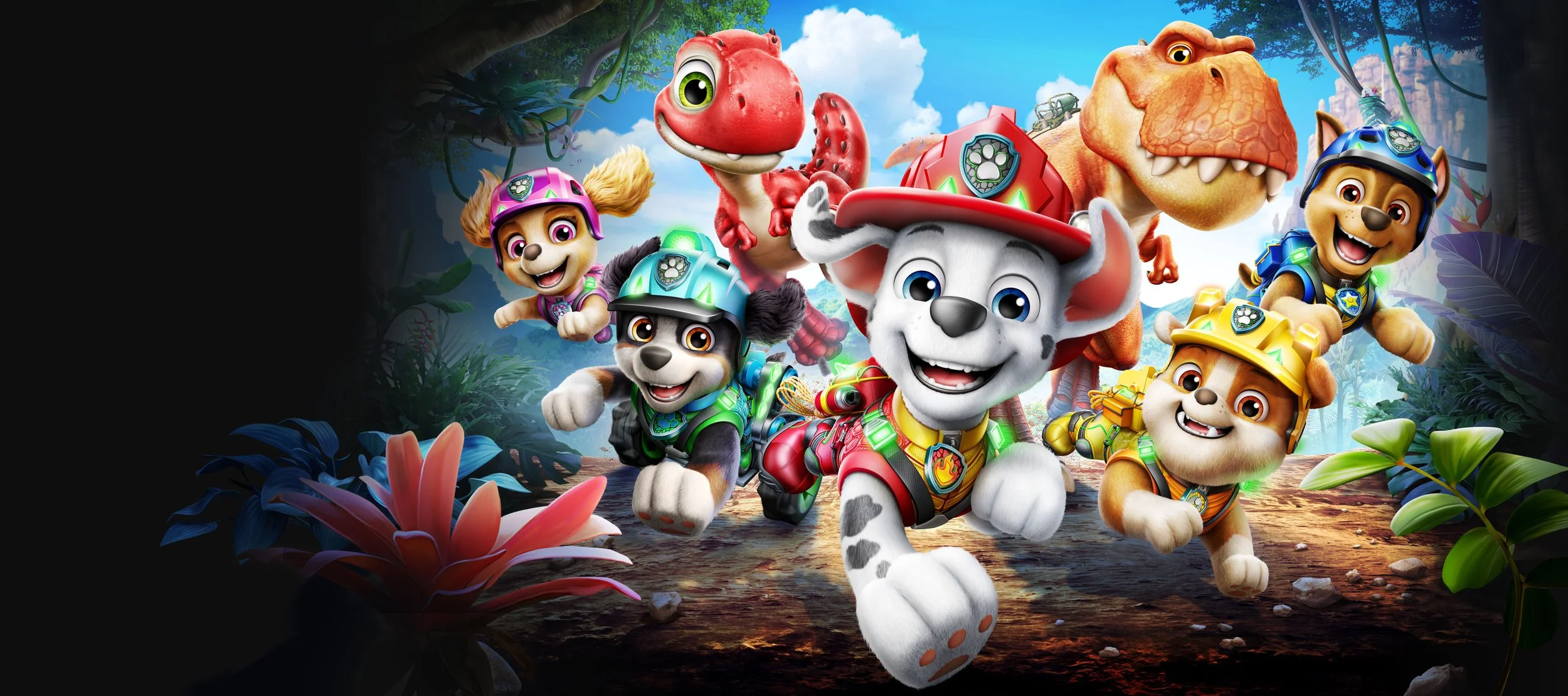 Paw Patrol Dino Movie. Animated scene featuring rescue dogs and puppies in a jungle setting, with a big orange T-Rex dinosaur in the background.