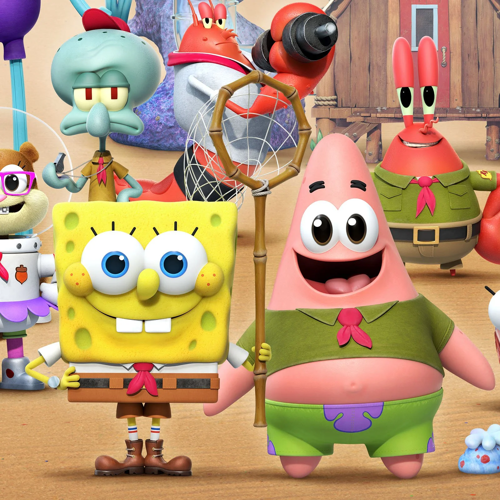 A group of cartoon characters from SpongeBob SquarePants, including SpongeBob, Patrick, Mr. Krabs, and others, standing on a wooden floor in a room with wooden walls.