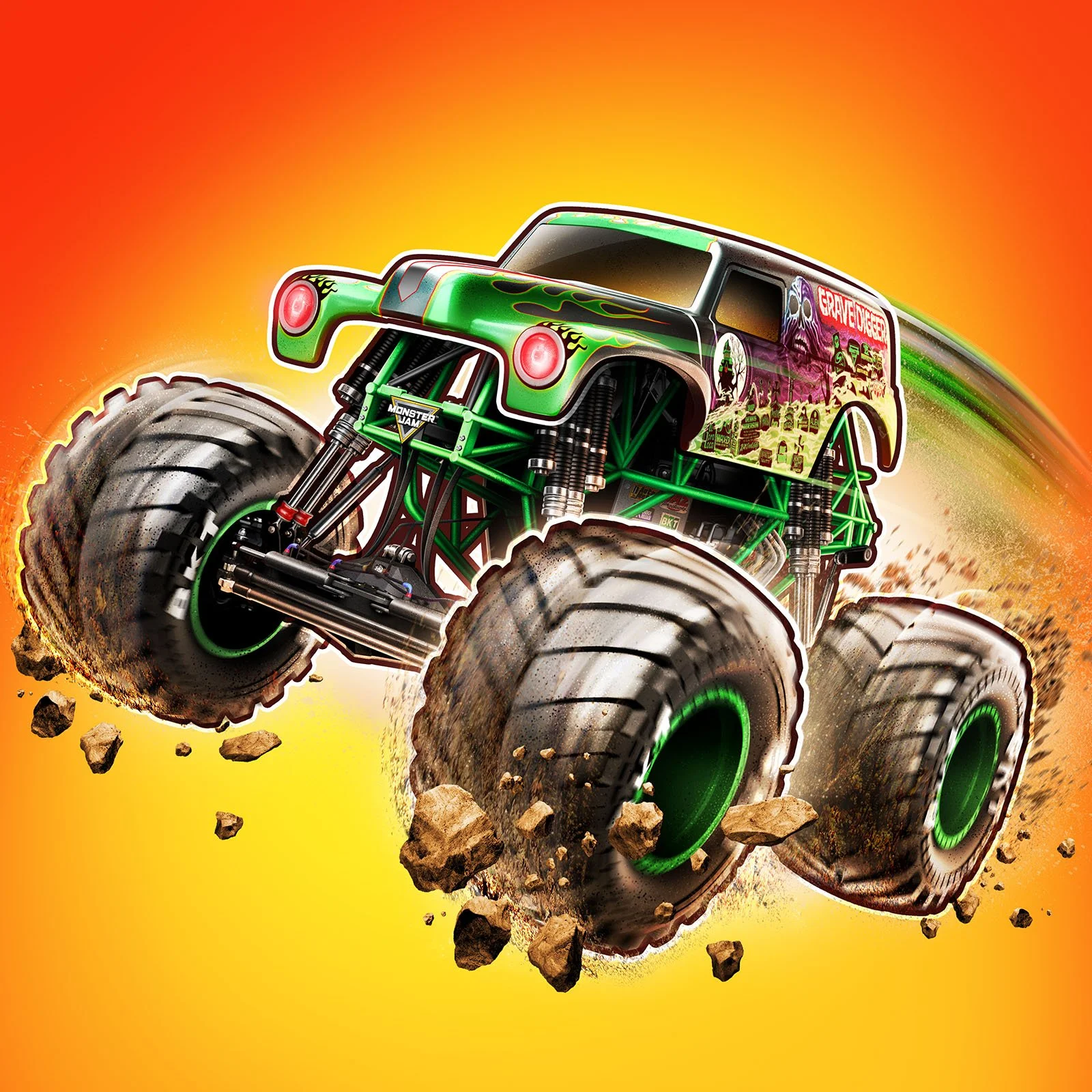 A monster truck with green and black paint riding over dirt and rocks against a bright yellow and orange background.