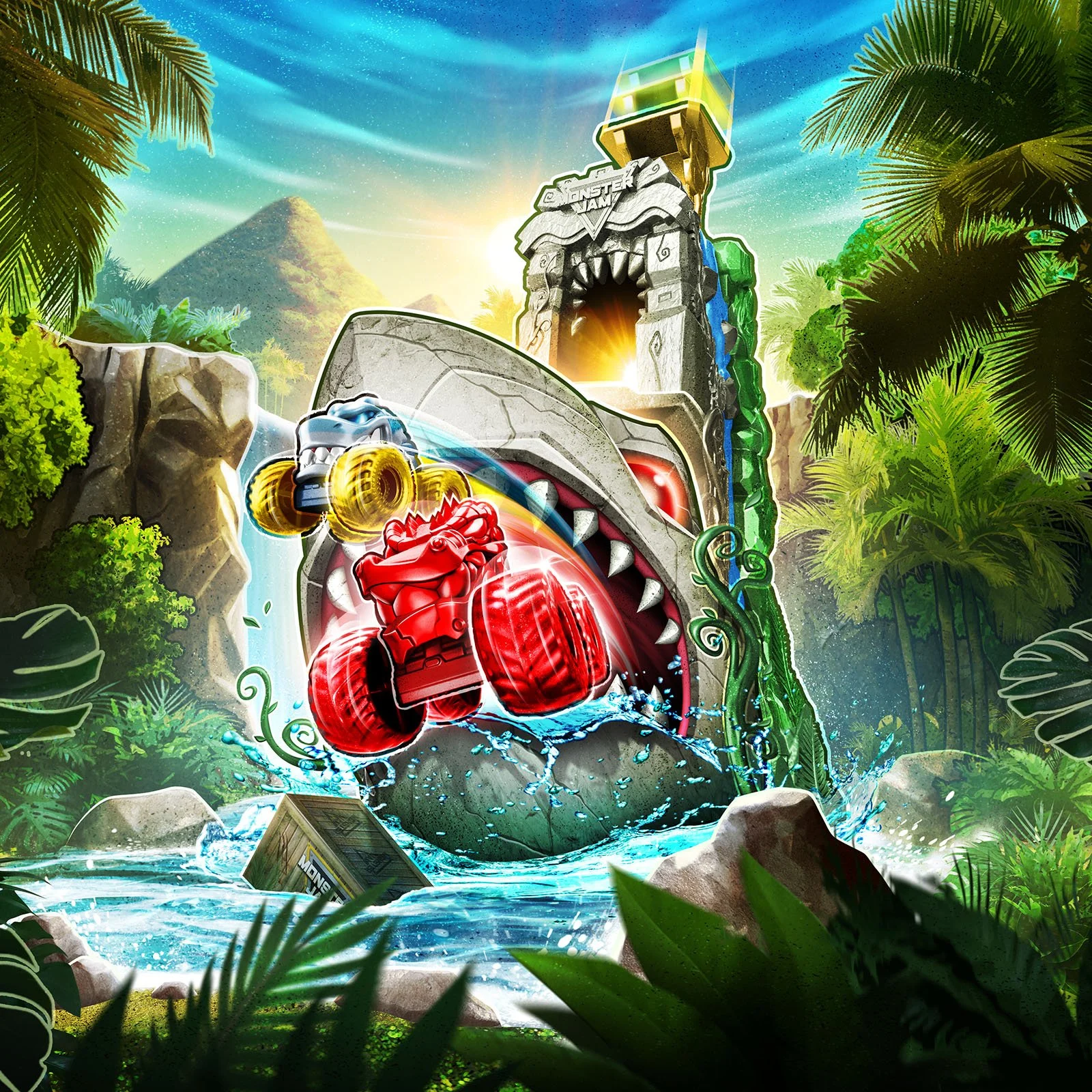 A colorful scene of a Monster Jam stadium with a monster truck breaking through a large stone archway at sunrise, surrounded by jungle vegetation and mountains.