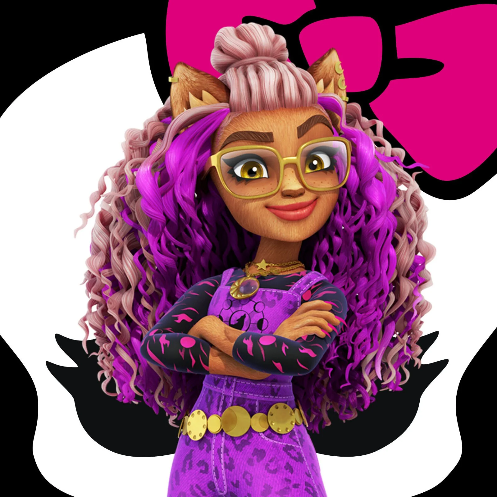 Animated girl character with animal ears and pink and purple curly hair, wearing glasses and a purple outfit with a belt of gold coins, standing with arms crossed in front of a black and pink background.