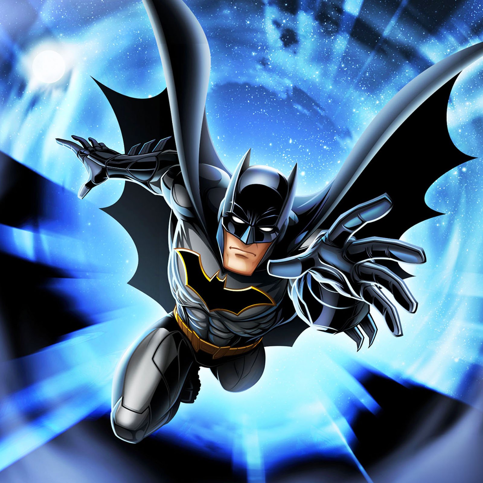 Batman flying through a starry blue space background.
