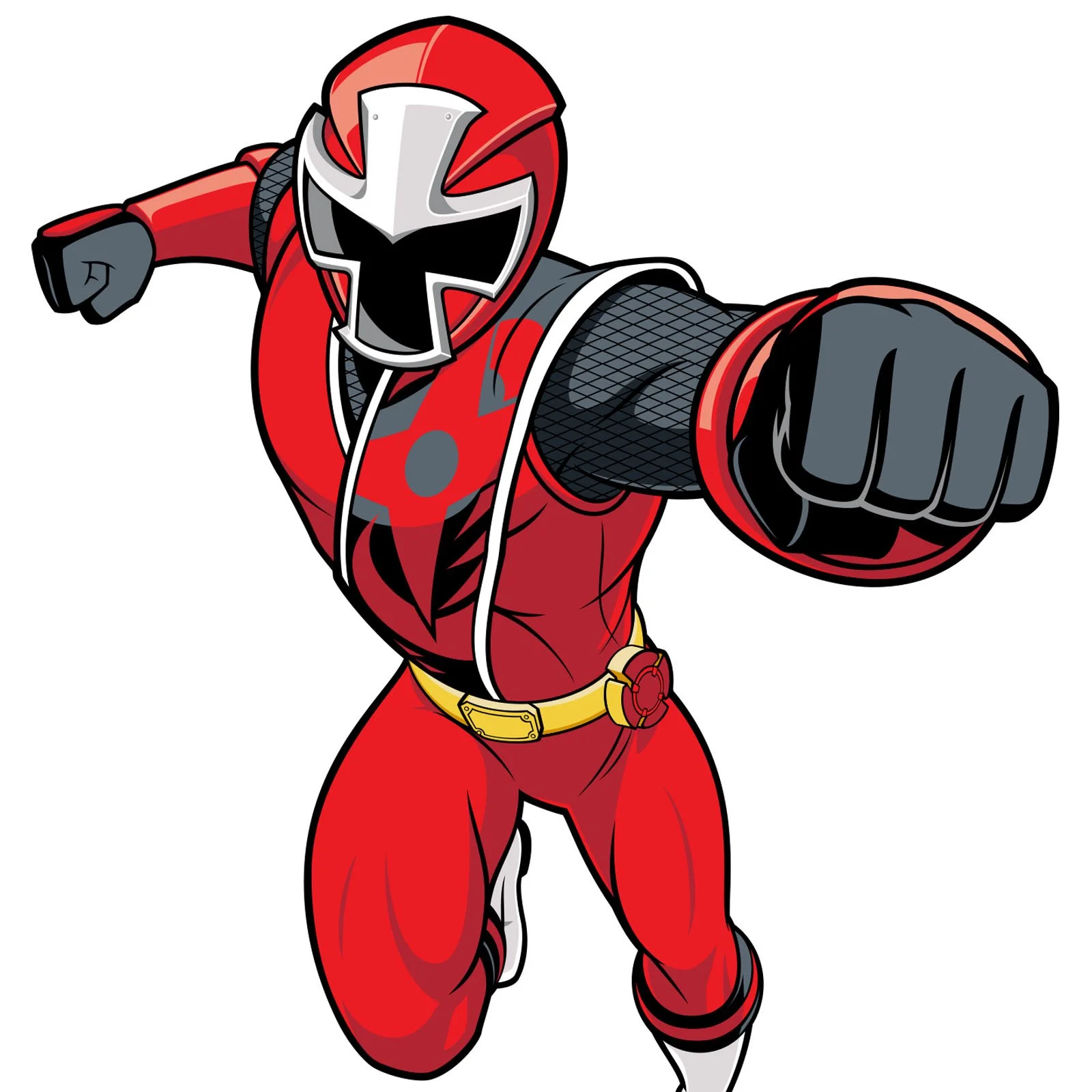 A superhero character dressed in a red and black costume with a white and black mask, pointing forward in a dynamic pose.