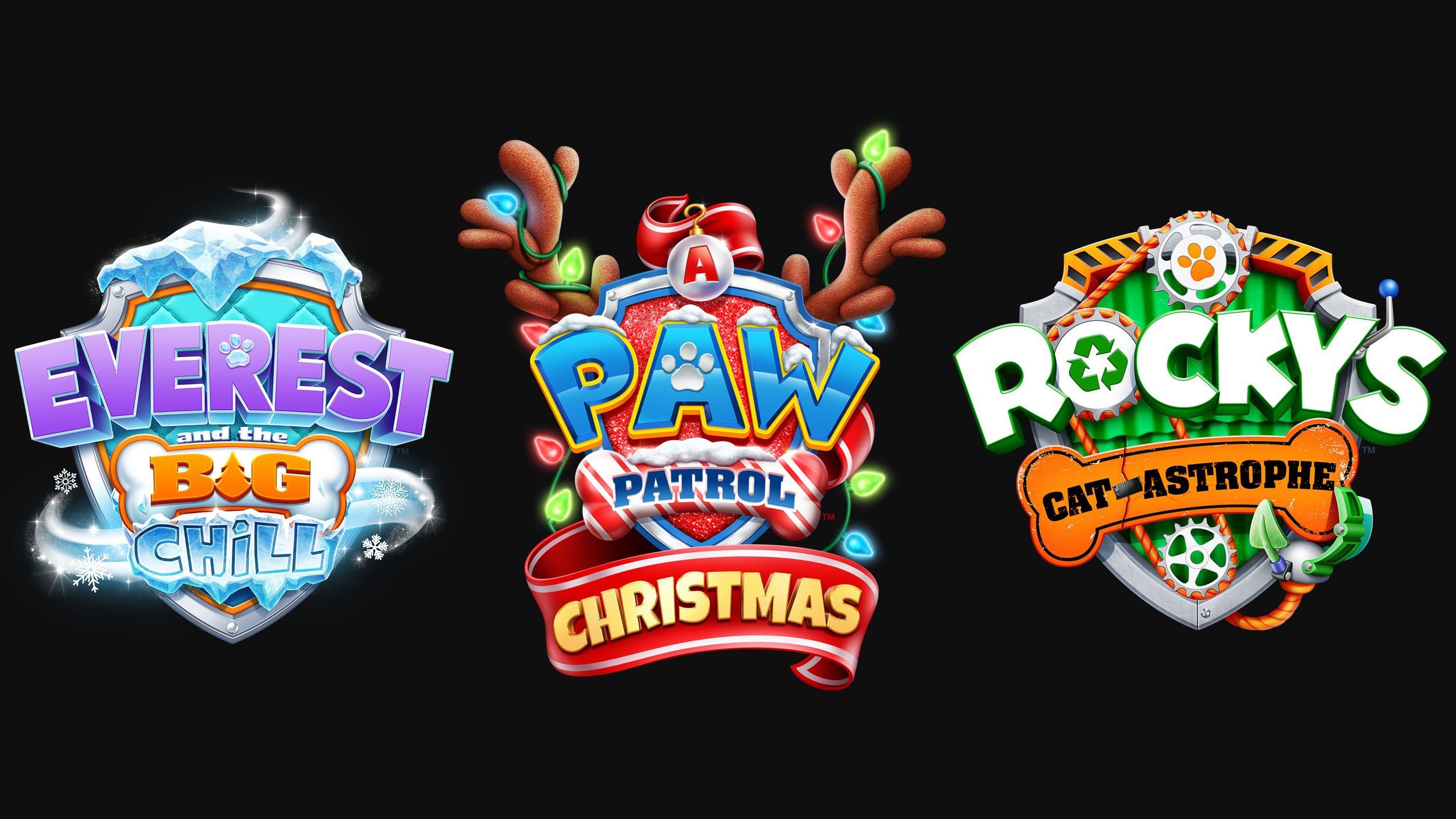 Colorful logos of three popular children's brands: Everest and the Big Chill, Paw Patrol Christmas, and Recy's Cat-Astrophe, with festive and playful designs.