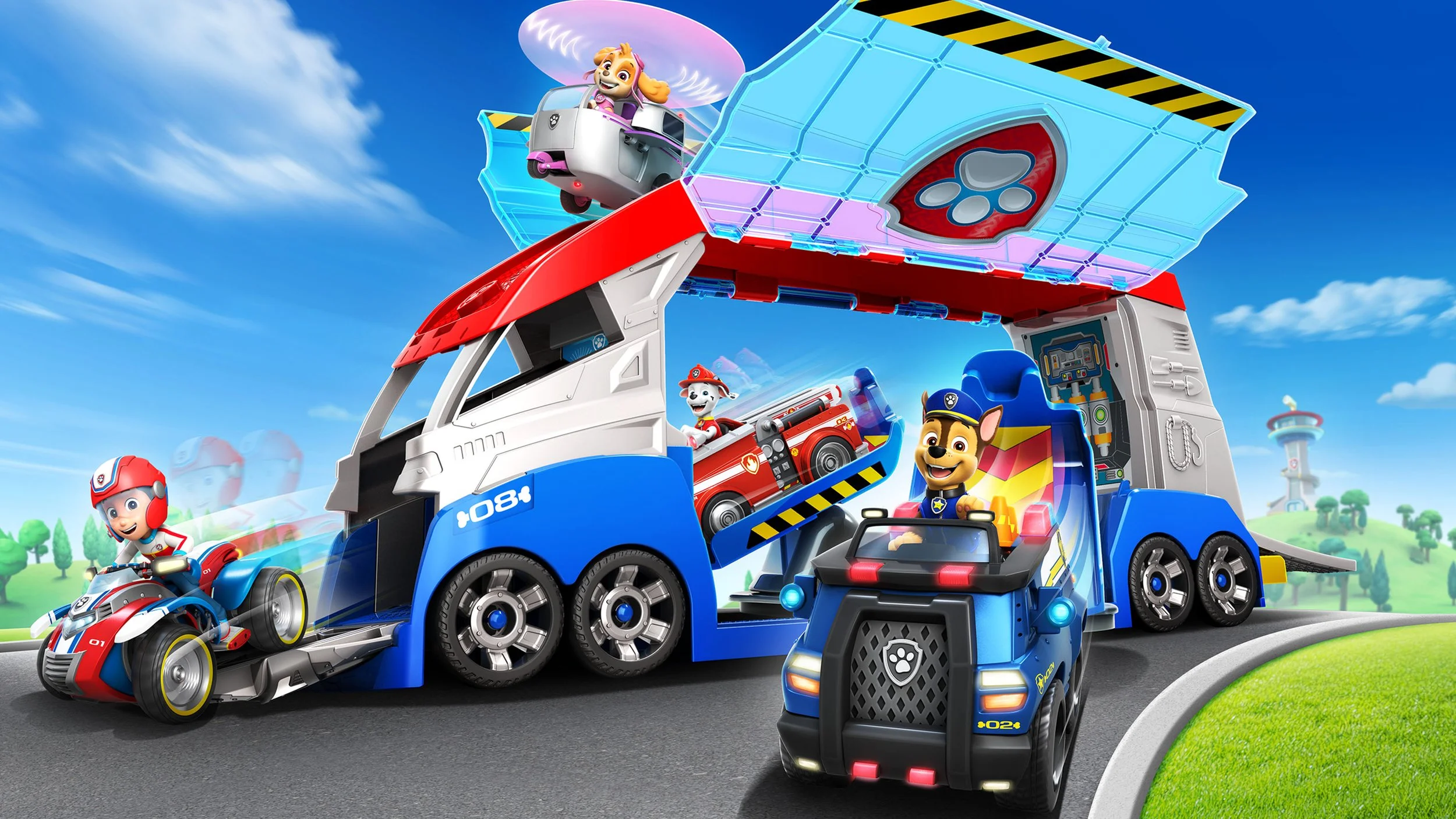 Animated rescue vehicles and characters from a children's TV show, including a large blue fire truck with a slide and a drone, a police car, a motorcycle-riding pup, and a puppy in a rescue hat, on a sunny day with blue sky and green landscape.