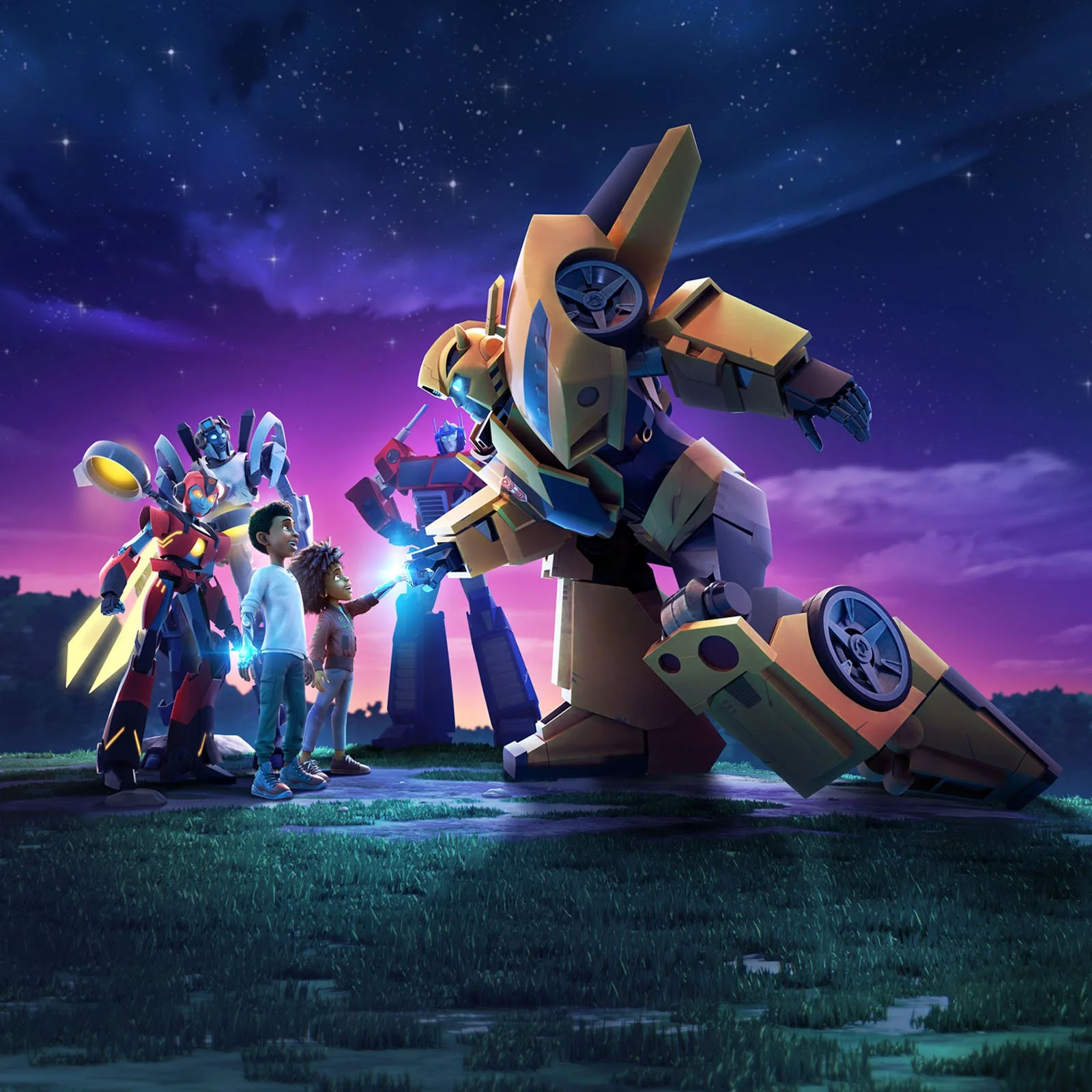 Animated characters, including humans and robots, surrounding a large robot dog in a park at twilight with a colorful sky filled with stars.