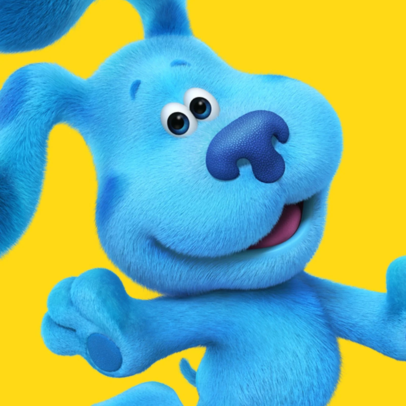 A bright blue animated dog with fluffy fur, big eyes, a dark blue nose, and a pink tongue, cheerful expression, set against a yellow background.