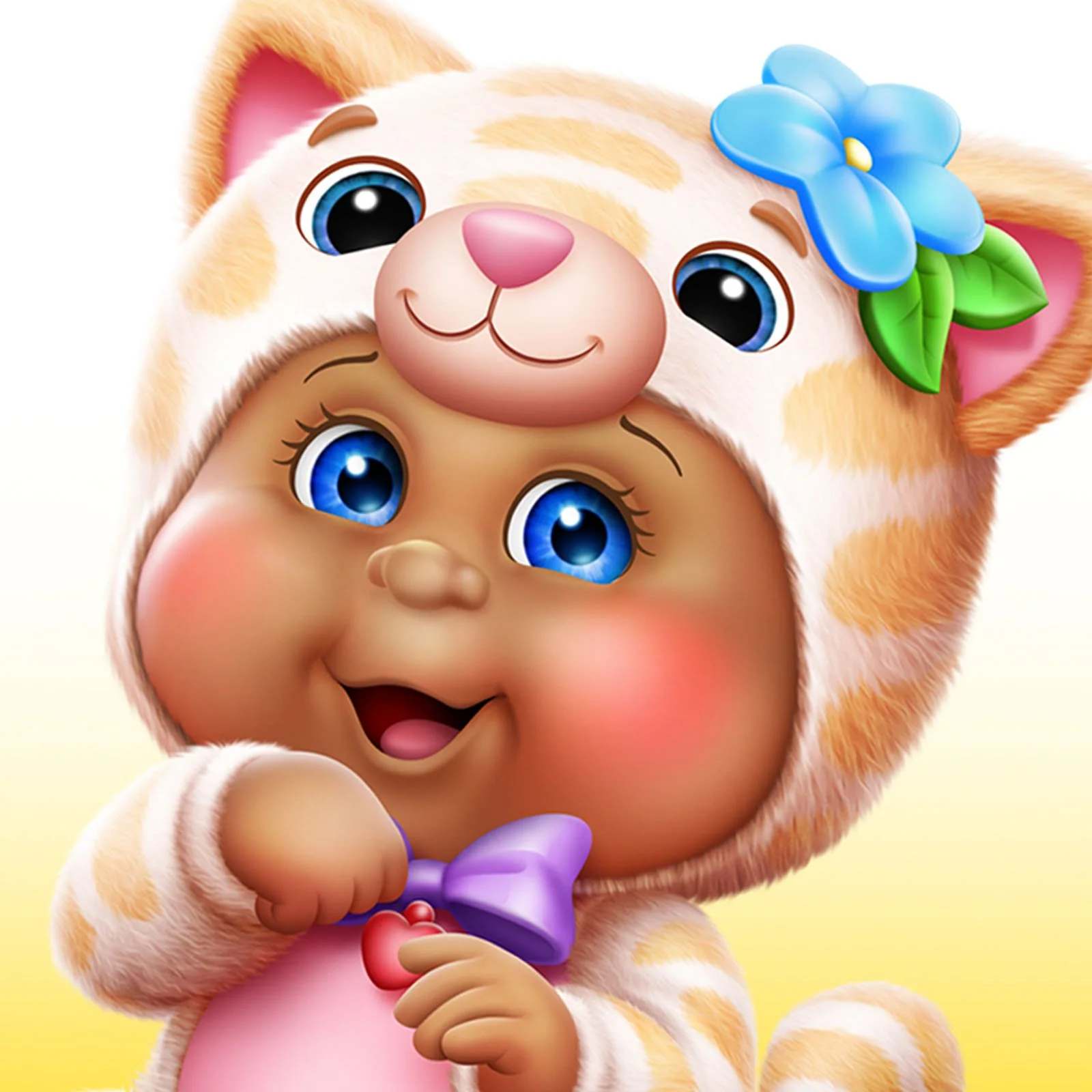 A cute cartoon baby with big blue eyes, rosy cheeks, and a wide smile wearing a cozy animal costume with a hood resembling a tiger, adorned with a blue flower and green leaves, holding a purple heart-shaped object.