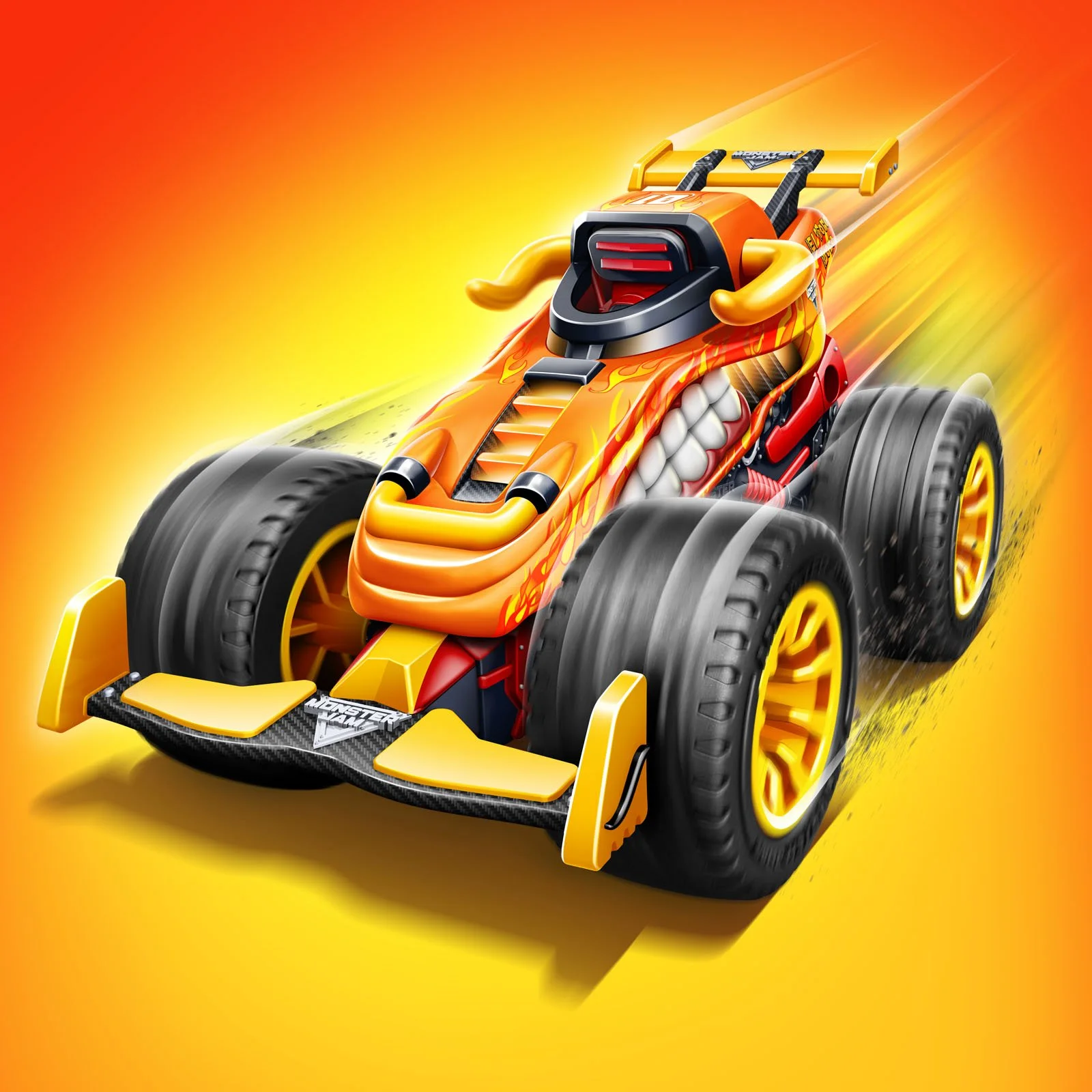 A toy racing car with a bright orange and yellow flame design, large black wheels, and a spoiler, on a yellow background.