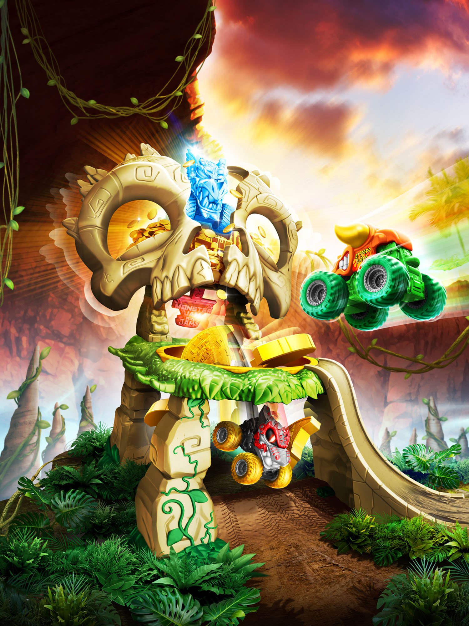 A colorful cartoon-style jungle scene featuring a dinosaur-shaped structure with a dragon head on top, a toy monster truck with large green tires, and lush green plants with a winding slide, set against a vibrant sunset sky.