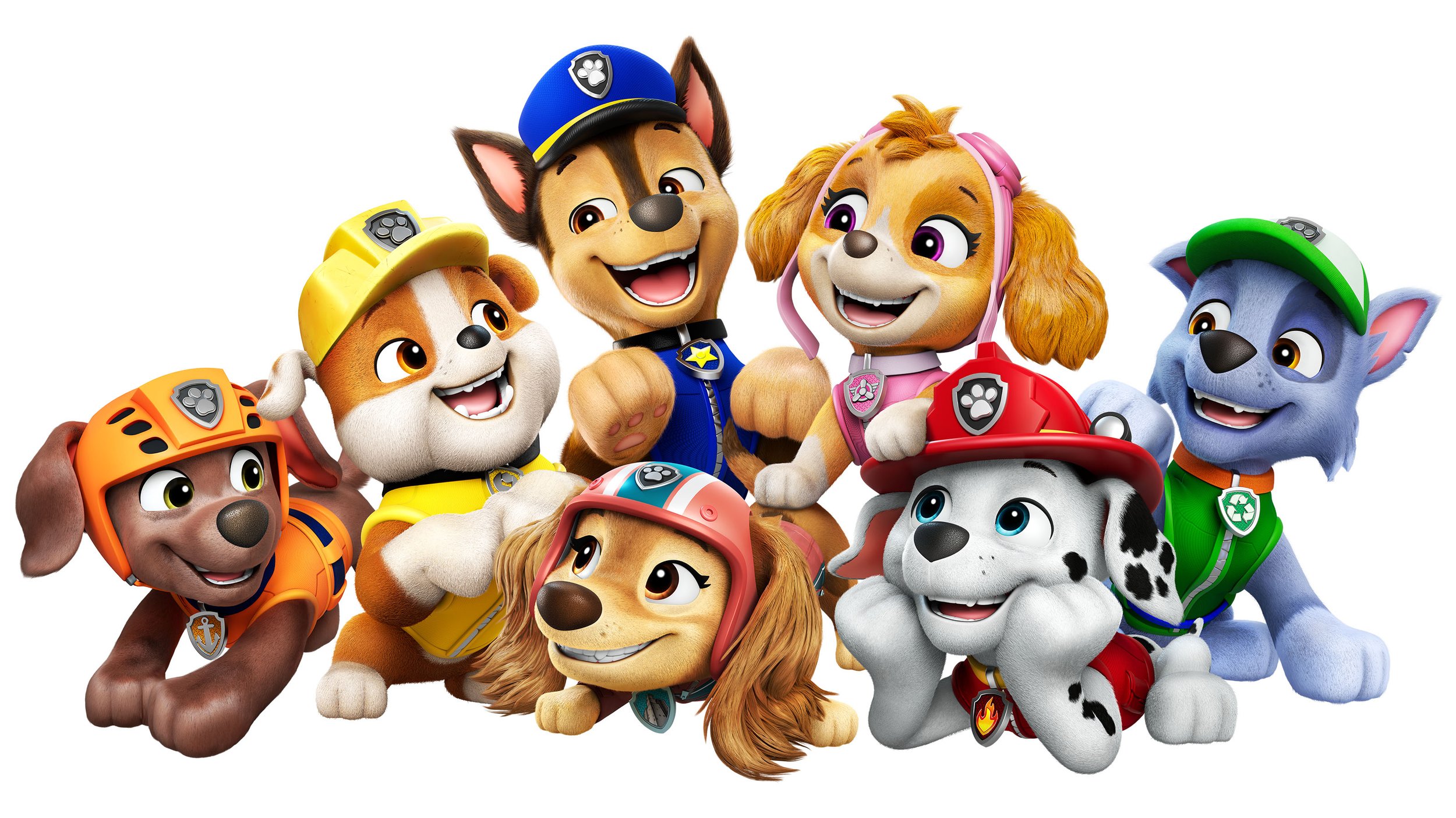 Group of animated puppies dressed as a police, firefighter, paramedic, and other service roles.