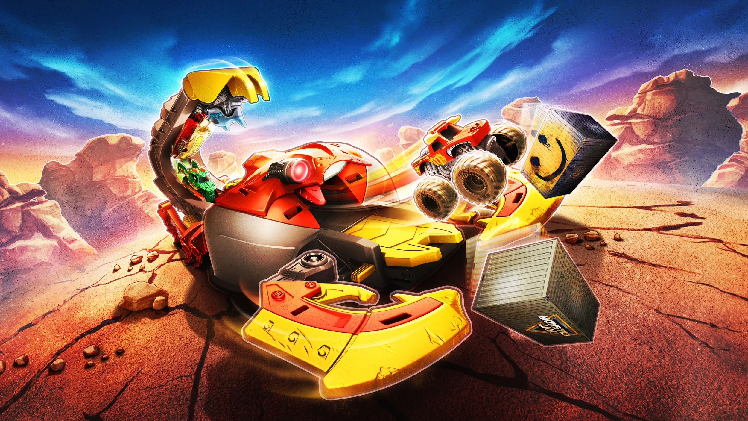 Lego Ninjago speedboat racing across a desert landscape with rocky formations and a colorful sky.