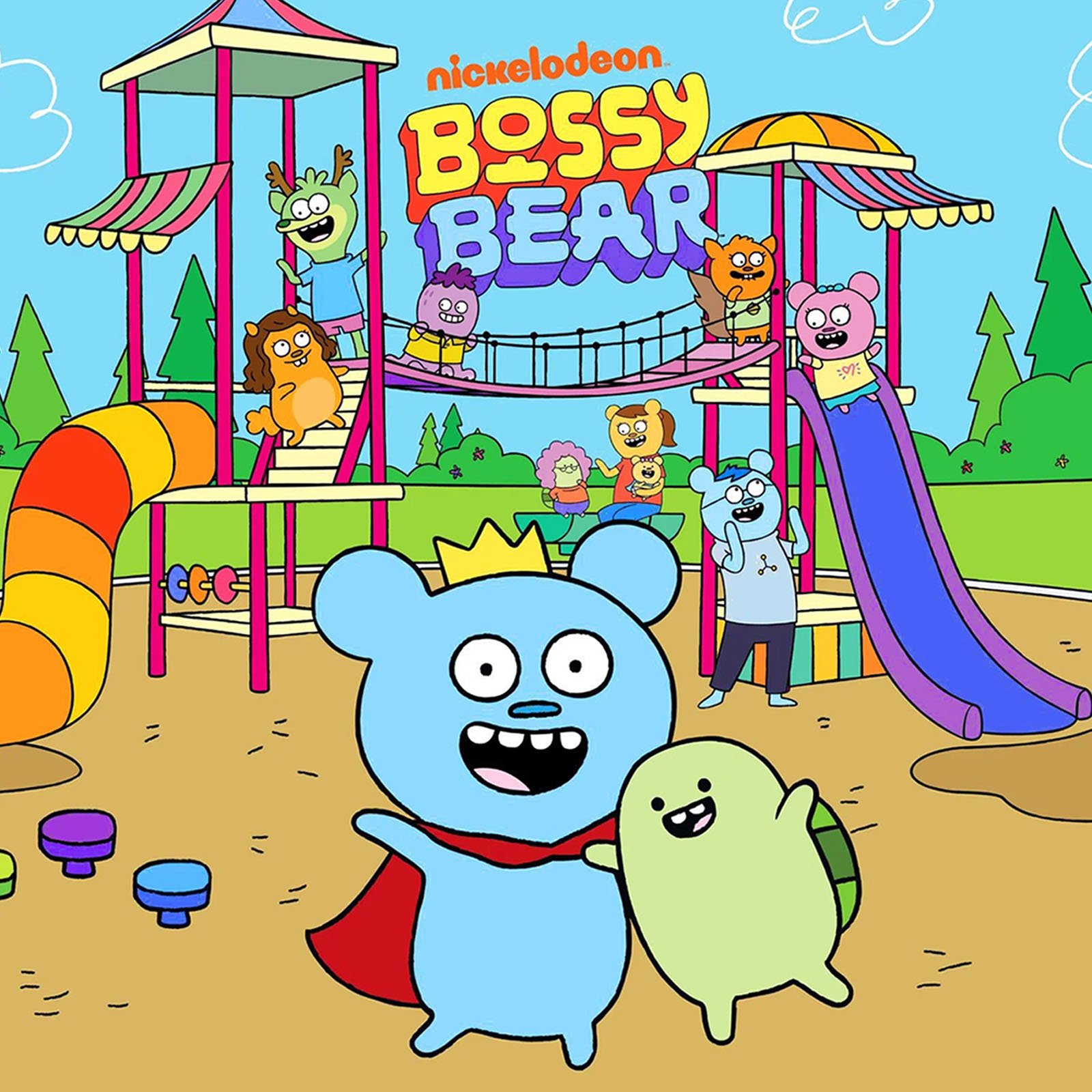 Colorful playground scene with cartoon characters from Nickelodeon BOSSY BEAR, including a blue bear in a red cape, a yellow turtle, a pink pig, and other anthropomorphic animals playing on slides and swings in a park.