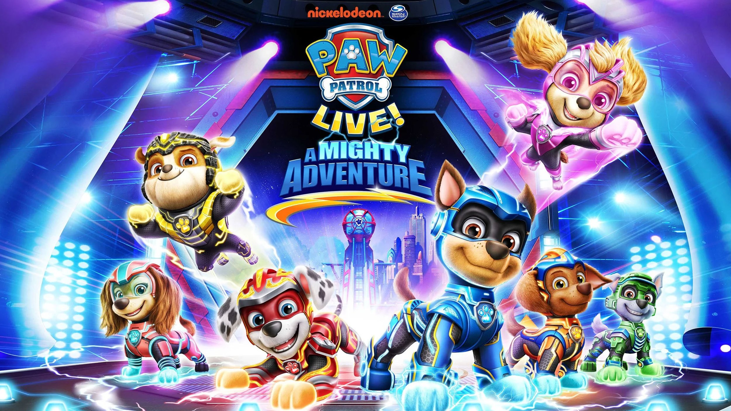 Colorful poster for 'PAW Patrol Live! Mighty Adventure' featuring animated rescue dogs in futuristic costumes, set against a neon cityscape with lightning effects and the Nickelodeon logo at the top.