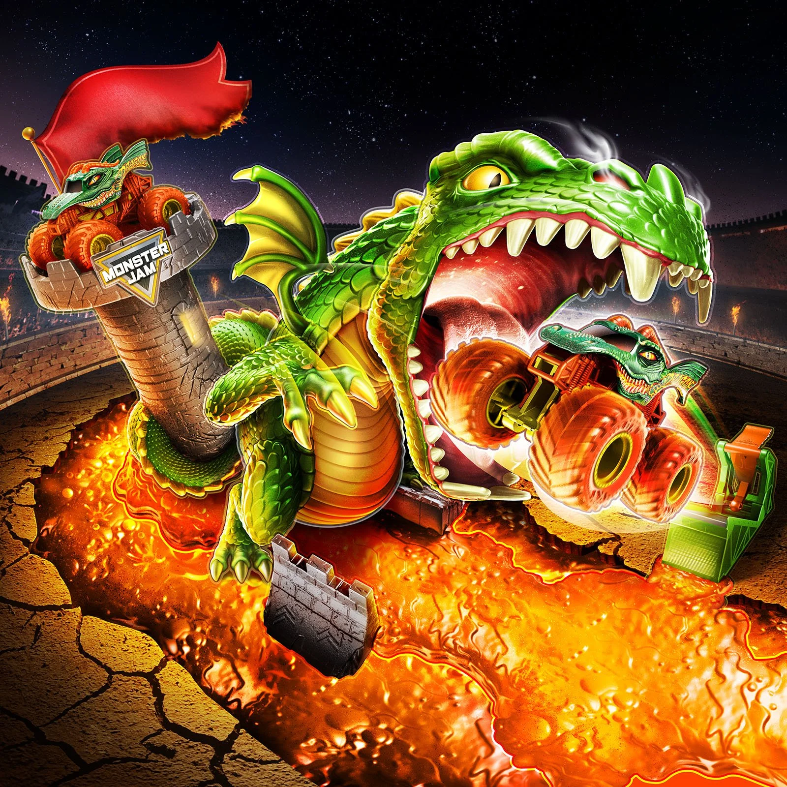 Colorful image of a giant green dragon with yellow eyes and sharp teeth, emerging from a volcano with lava, surrounded by race cars and a race track at night.