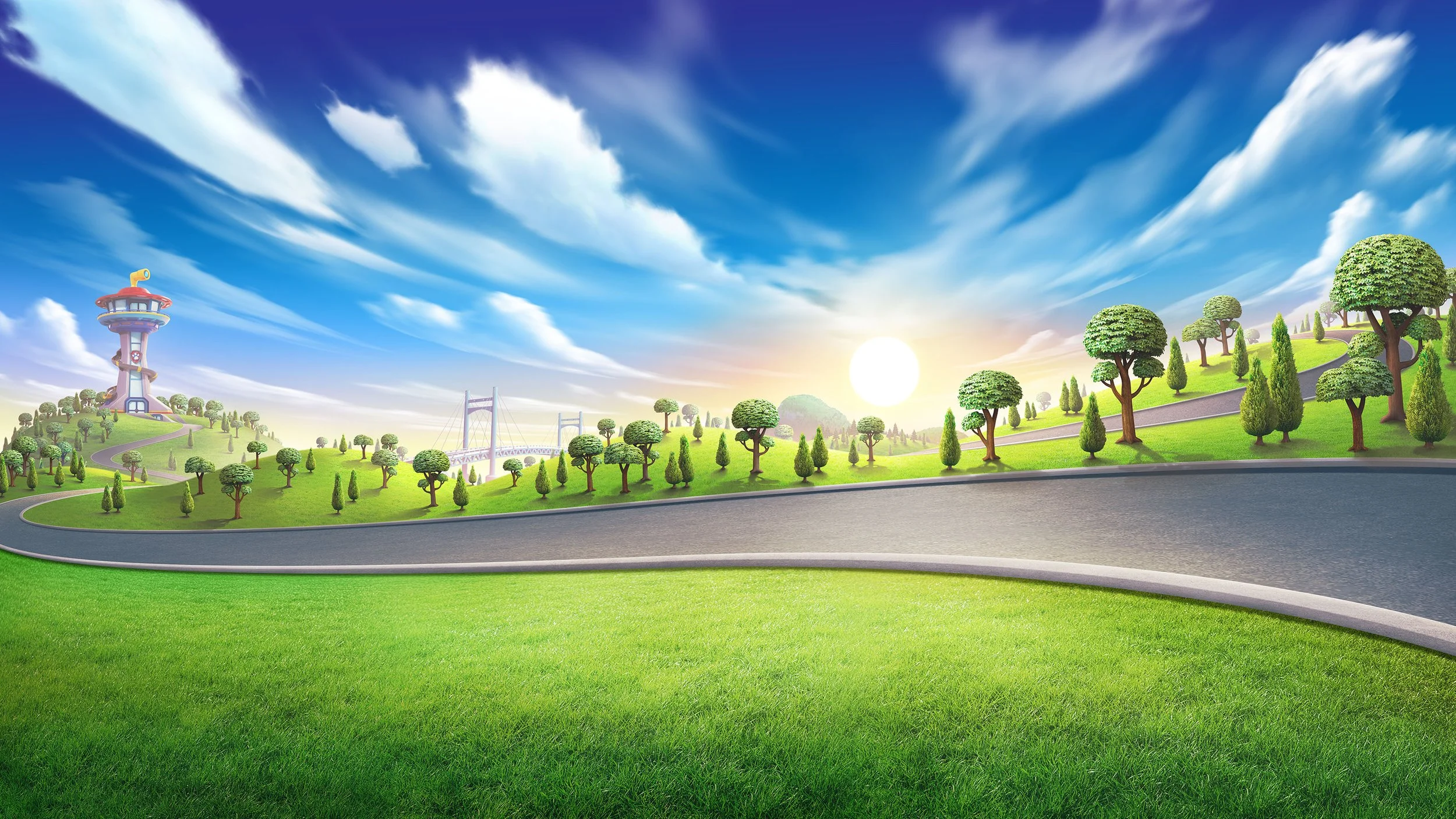 Animated scenery of a sunny day with a blue sky and white clouds, green rolling hills with numerous trees, a winding road, a bridge, and a colorful tower in the distance.