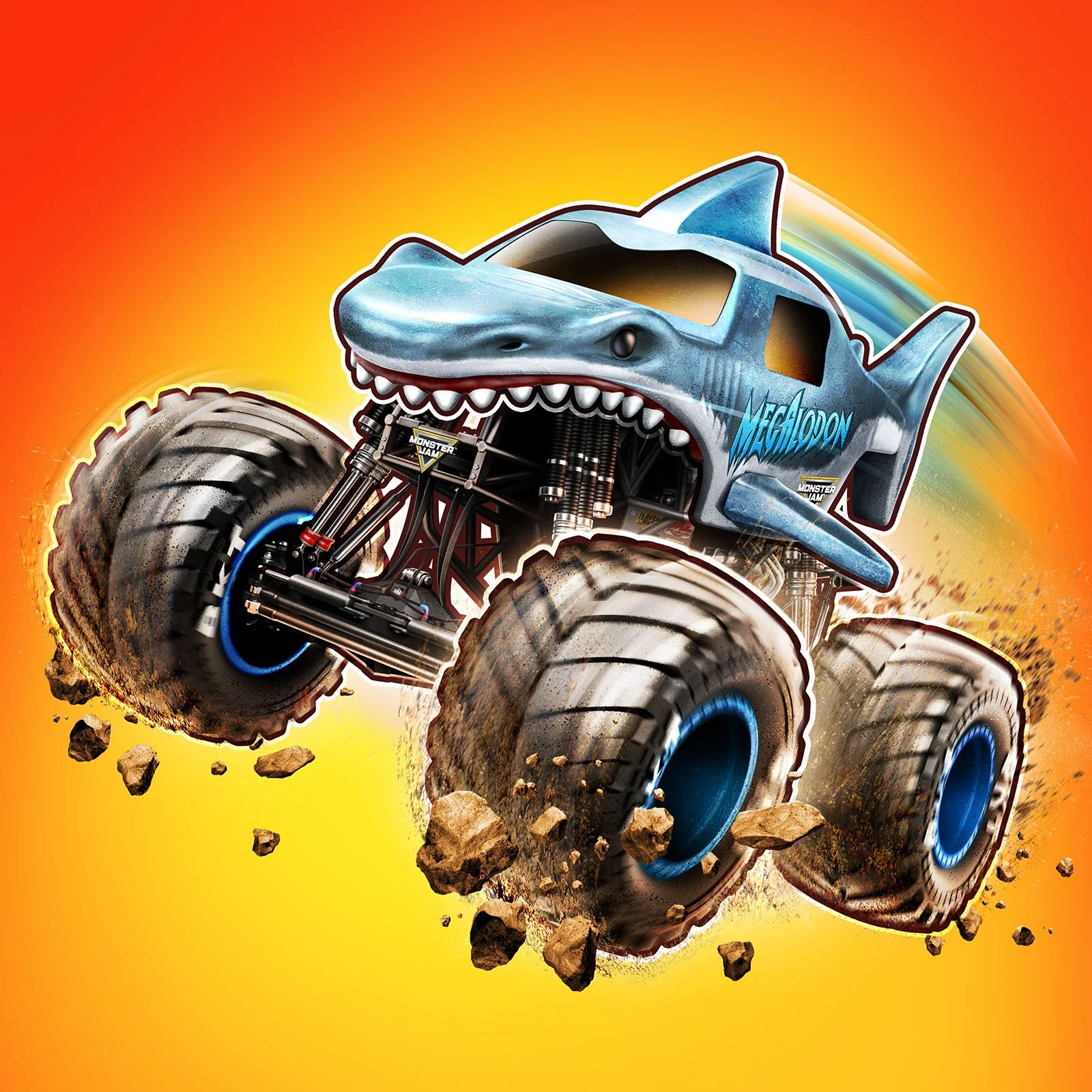 A toy monster truck with a shark-shaped body and the text 'MegaLodon' on the side, jumping over rocks against an orange background with a rainbow trail.
