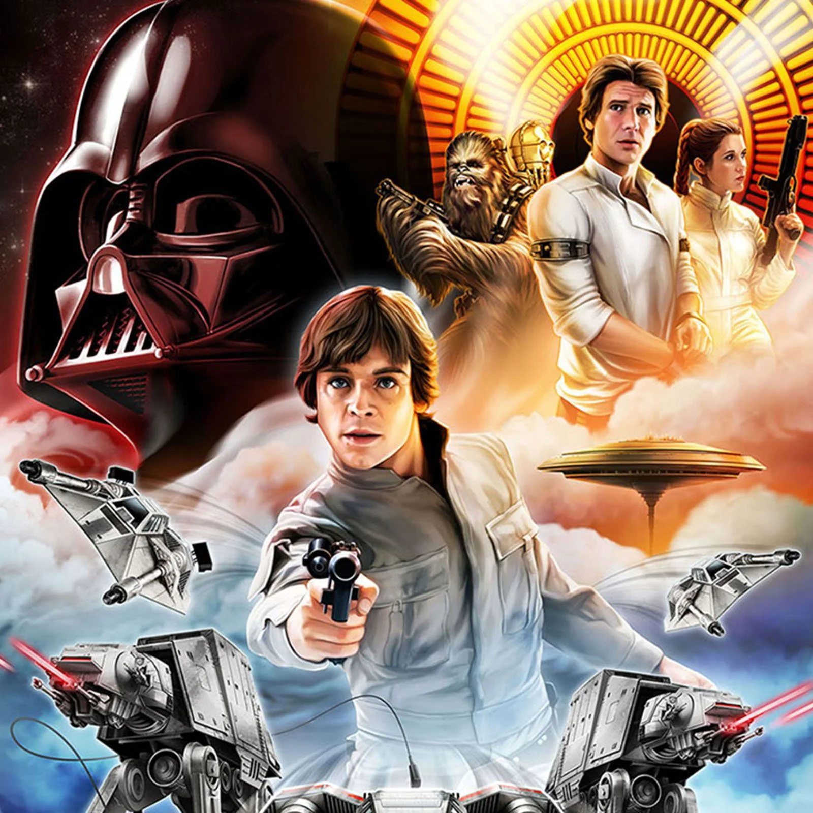 A promotional poster for a Star Wars movie featuring a character in a white uniform holding a gun, with various Star Wars characters and vehicles including a large Sith helmet, Chewbacca, Han Solo, Princess Leia, and TIE fighters in a space background with star destroyers and planets.