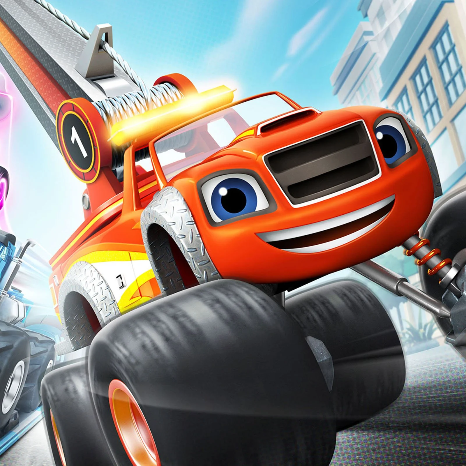 Animated red race car with happy face and large eyes, driving over large black tires in a city street with buildings in the background.
