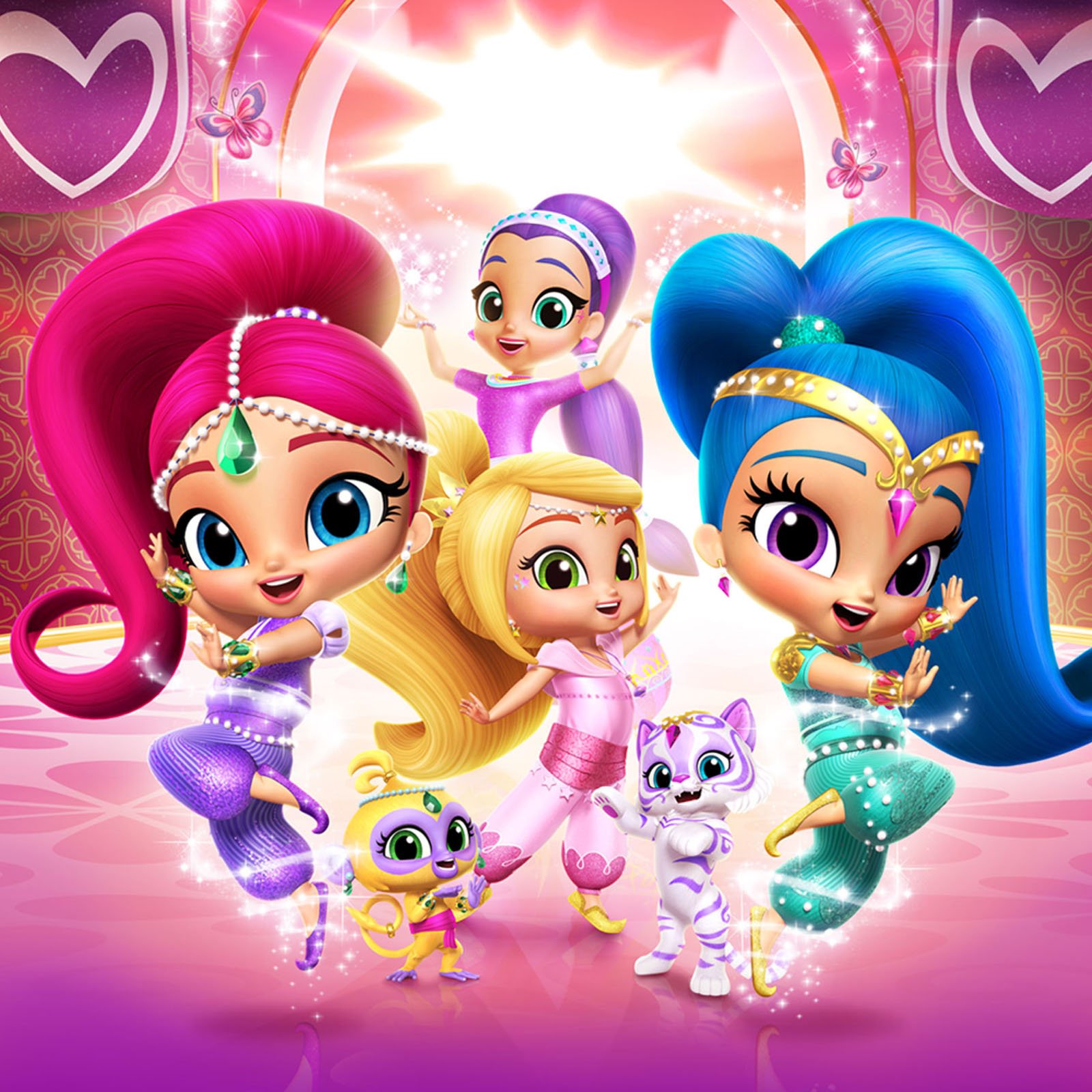 Colorful animated characters of girl princesses with bright hair and animals, dancing in a vibrant fantasy setting with pink and purple backgrounds.