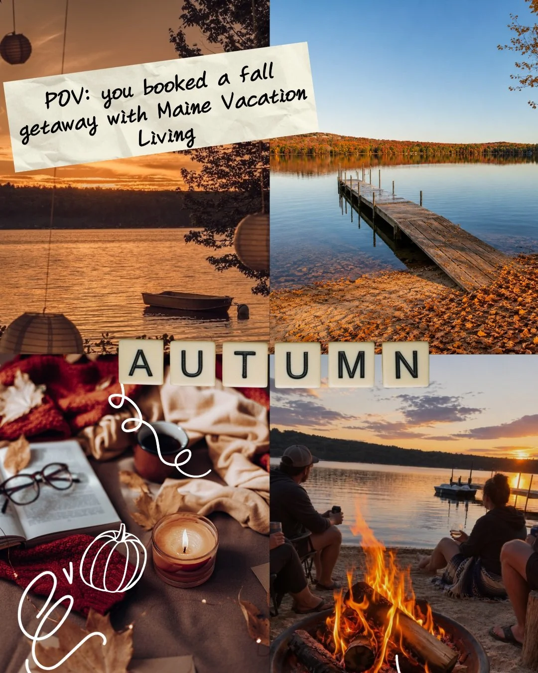 POV: You booked a fall getaway with Maine Vacation Living, and suddenly your days look like this. 🍂

Sunsets over the lake, mornings with coffee and no rush, afternoons surrounded by autumn colors, and evenings that end around the fire.

The only th
