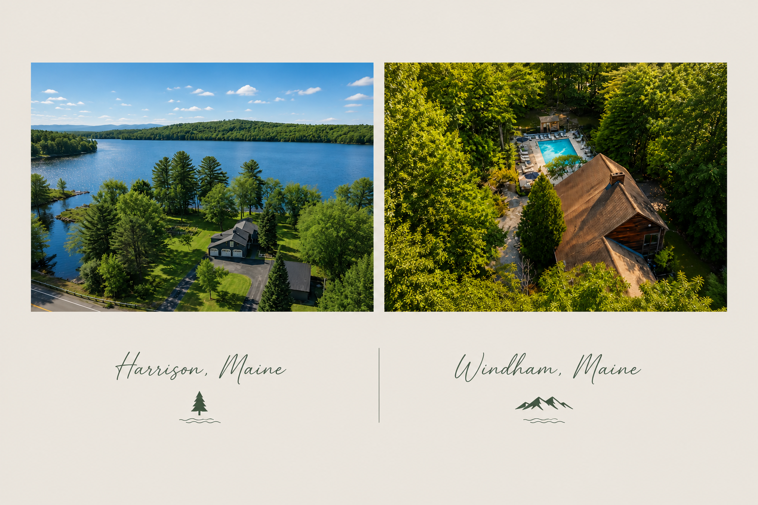 Side-by-side aerial views of properties in Harrison, Maine, and Windham, Maine, with labels and icons indicating location.
