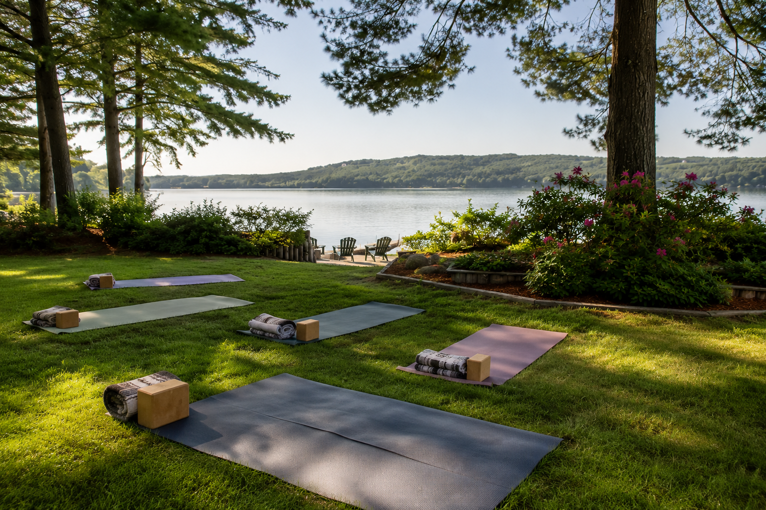 Outdoor yoga mats arranged on the lakeside lawn at Crystal Lake House in Harrison, Maine, creating a peaceful setting for yoga retreats and wellness getaways.