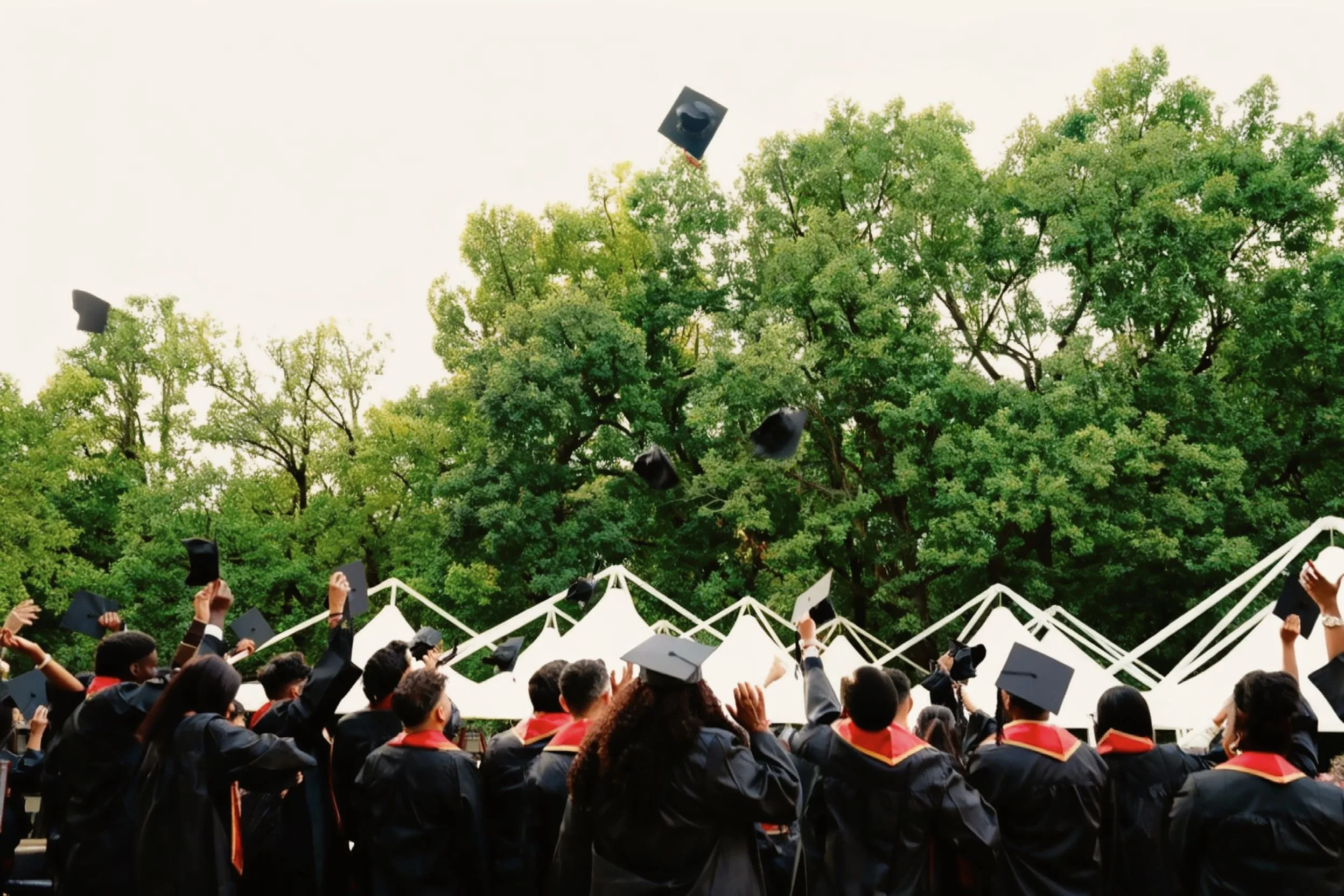 Graduates in caps and gowns throw hats in celebration outdoors.