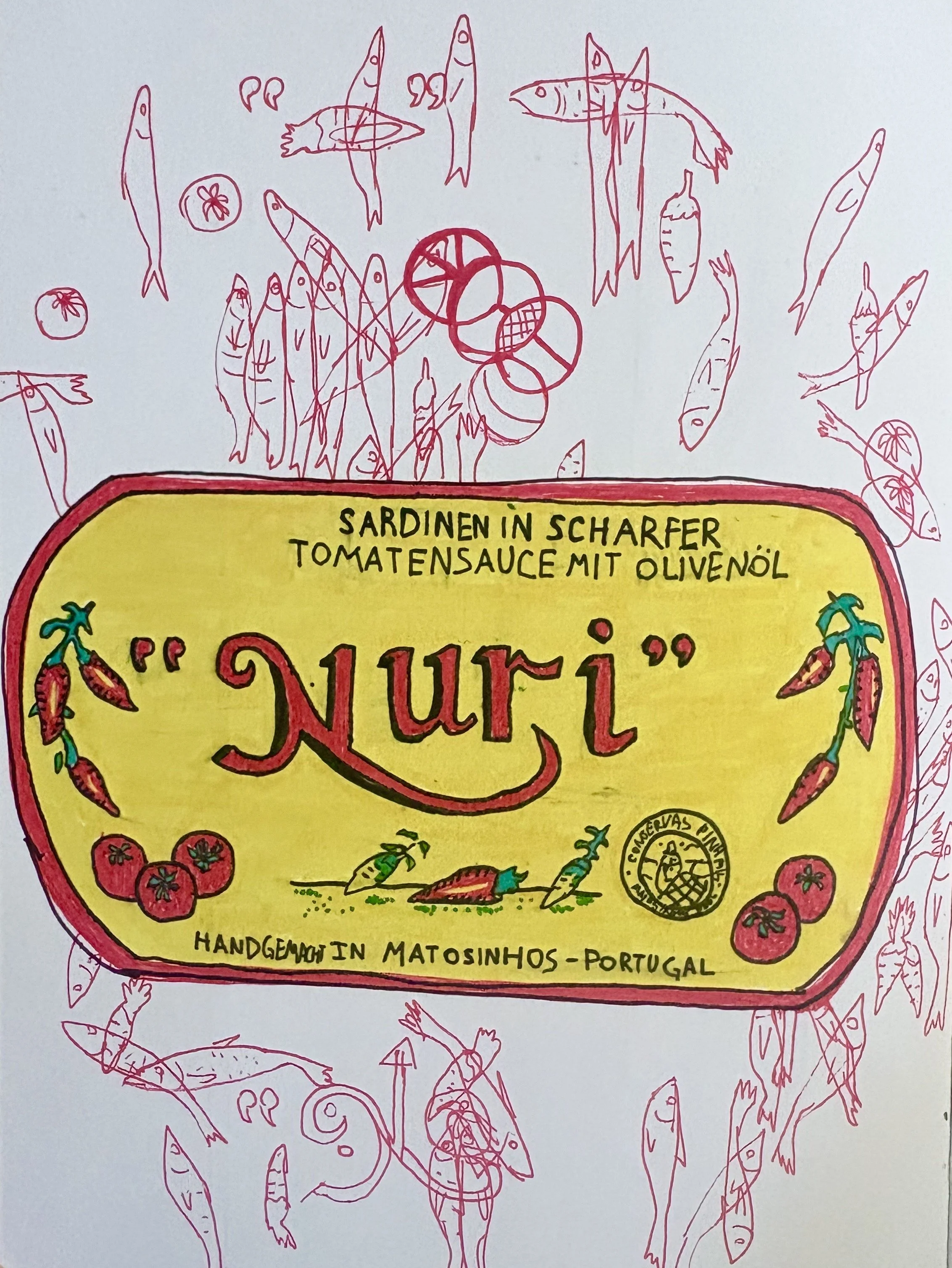 Hand-drawn illustration of sardines, tomatoes, carrots, and herbs around a yellow label with red border containing text in German and Portuguese about sardines in tomato sauce with olive oil, made by Matasinhos in Portugal.