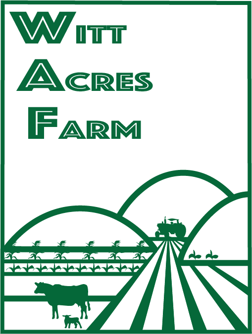 Logo for Witt Acres Farm featuring stylized green text and graphic elements of farm land, animals, and a tractor.